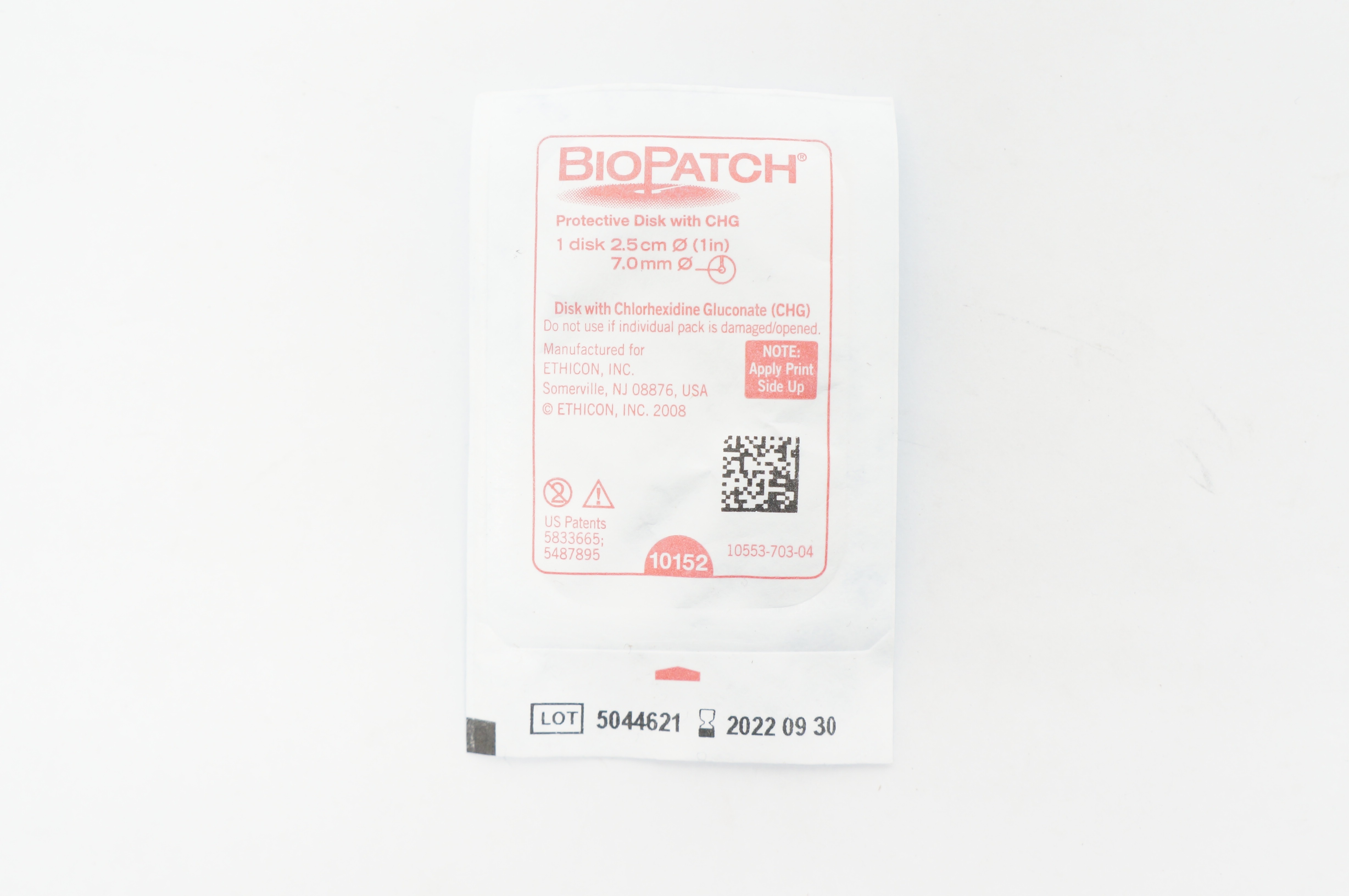 Ethicon 10152 BioPatch Protevtive Disk with CHG 2.5cm x 7mm