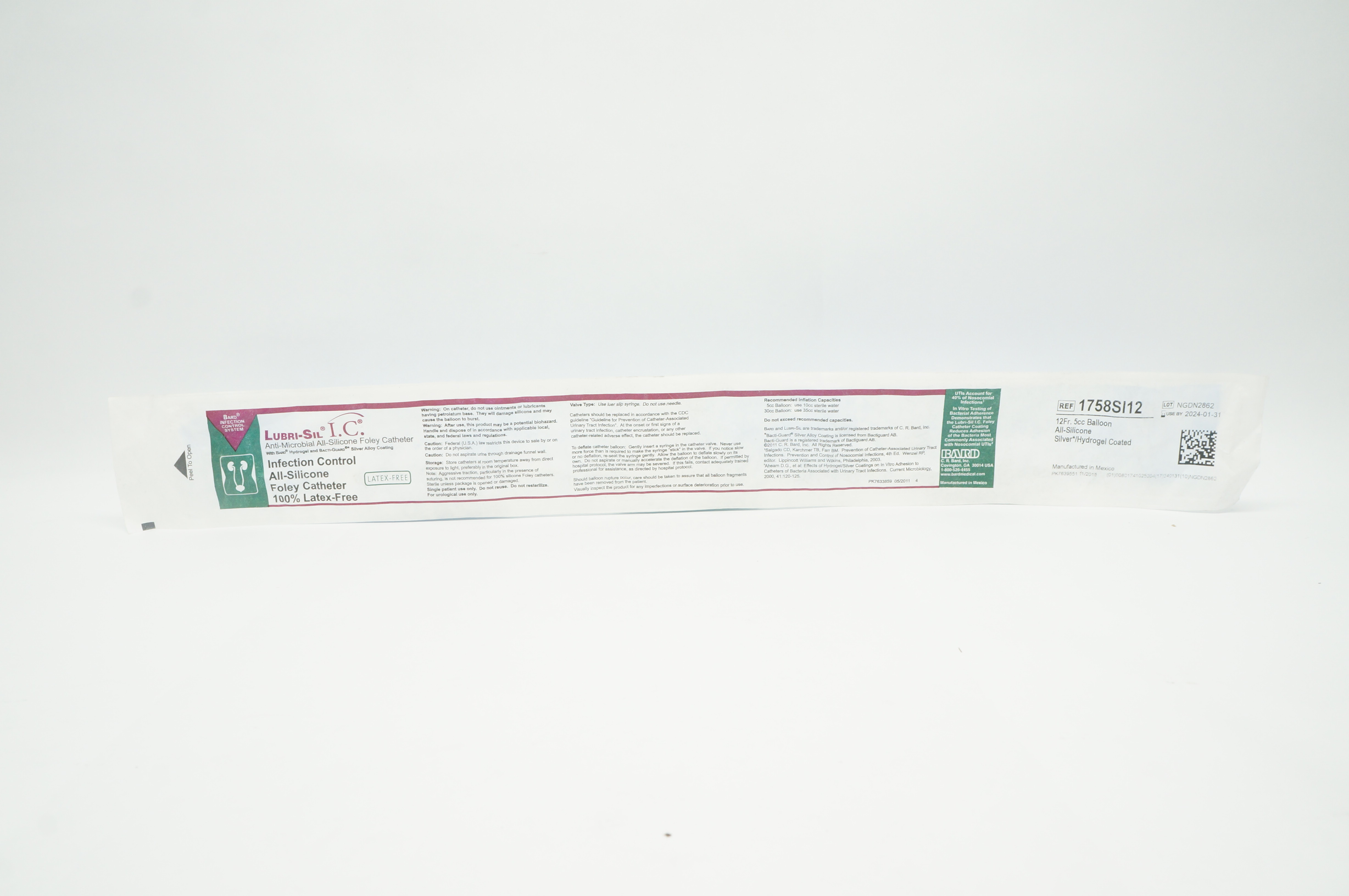 Bard 1758SI12 Lubri-Sil I.C. Anti-Microbial All-Silicone Foley Cath. 12Fr