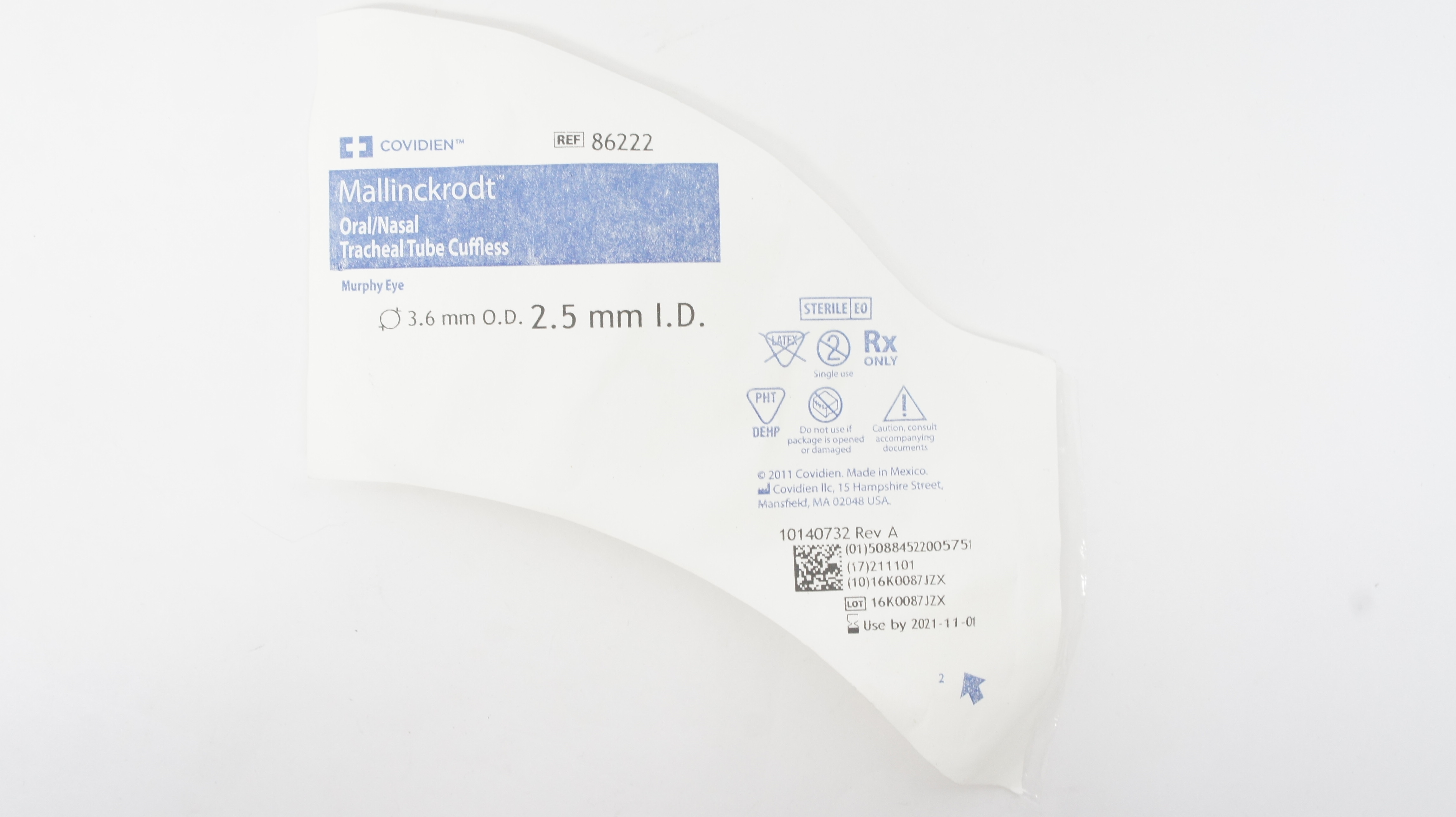 Covidien 86222 Mallinckrodt Oral/Nasal Tracheal Tube Cuffless 2.5mm x 3