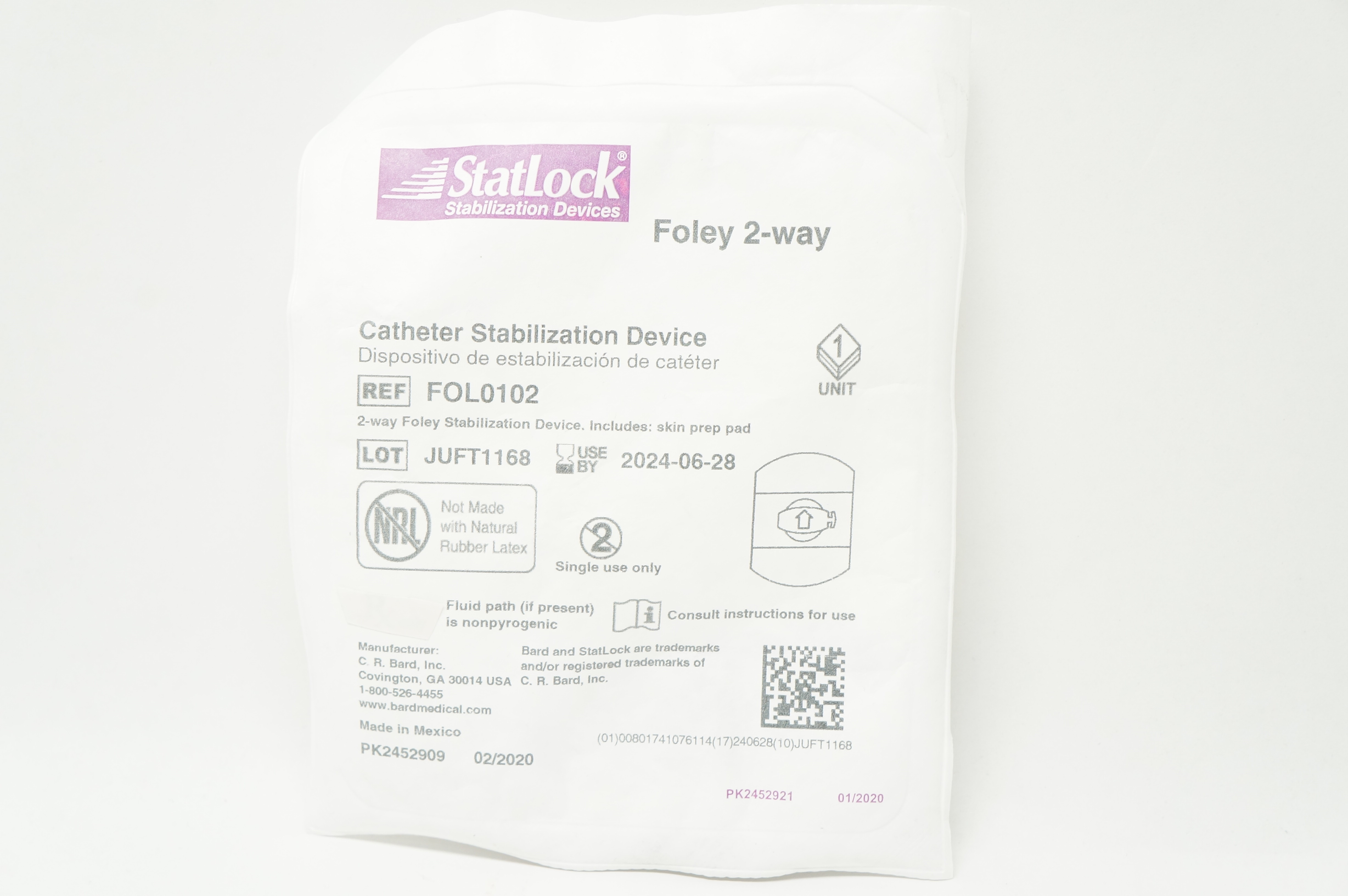 Bard FOL0102 Statlock Cath. Stabilization Device, Foley 2-Way