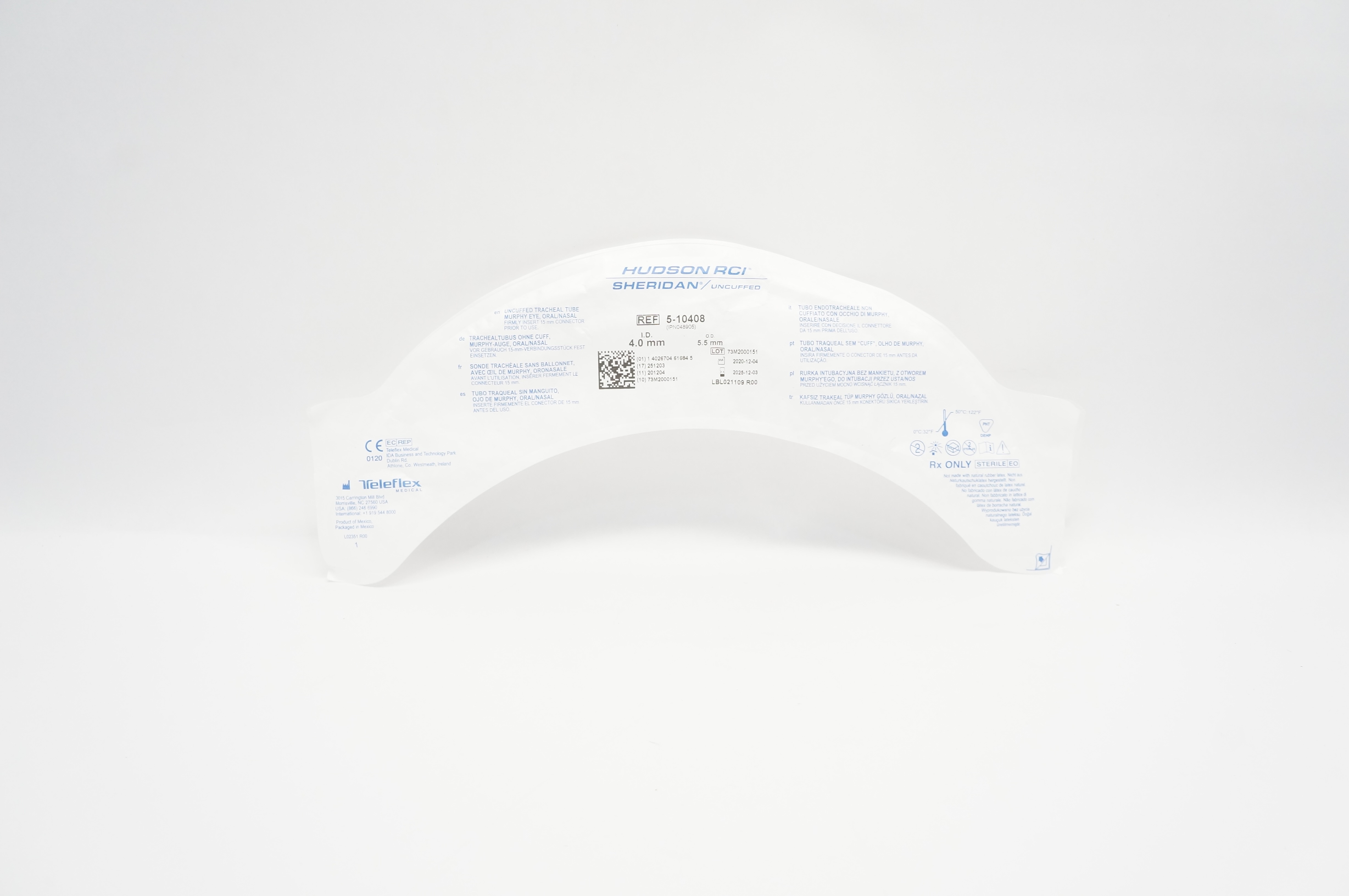 Teleflex 5-10408 Hudson RCI Sheridan Uncuffed Tracheal Tube 4.0mm ID x 5.5mm OD