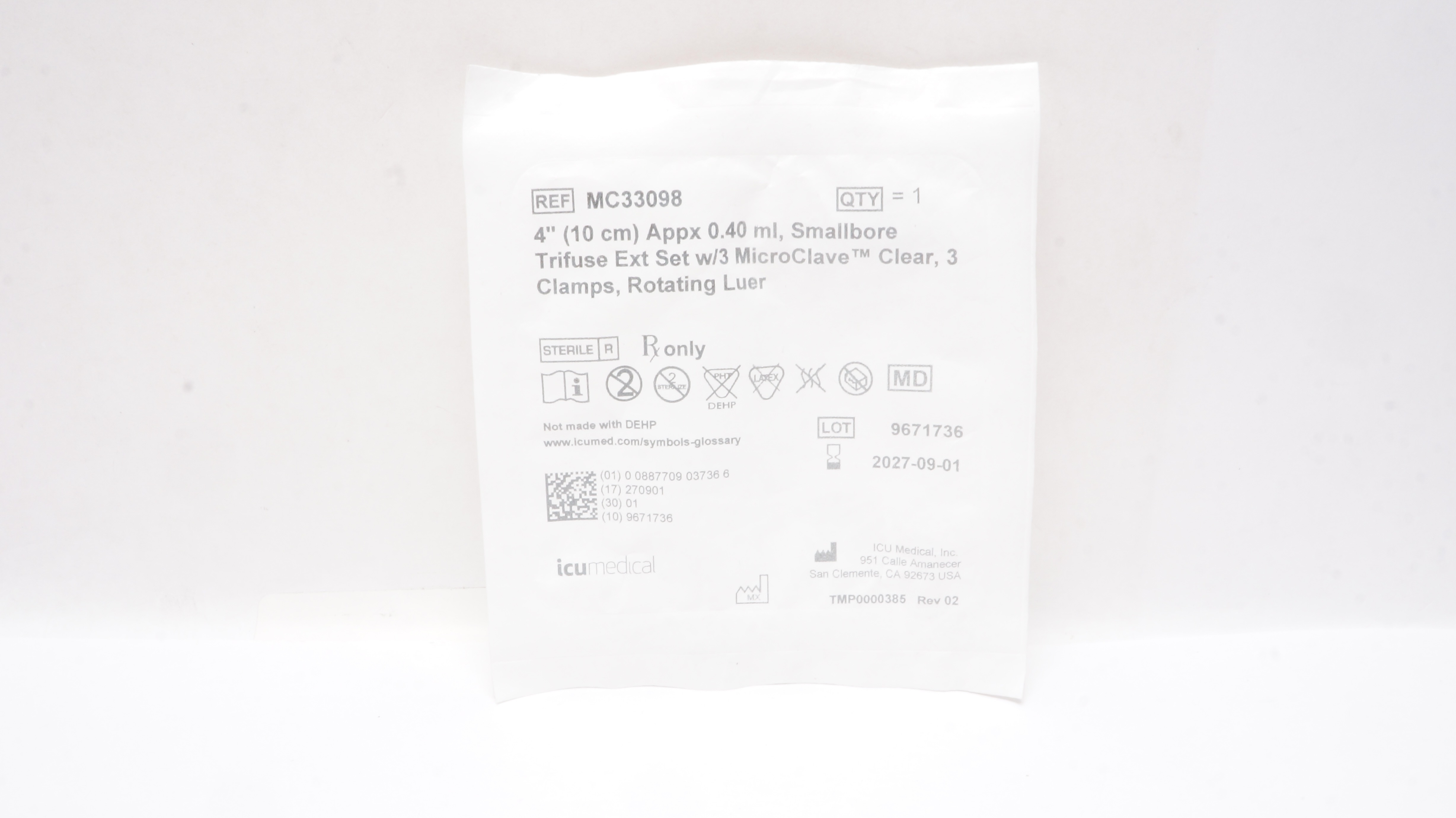 ICU Medical MC33098 4inch Appx. 0.40ml Smallbore Trifuse Extension Set