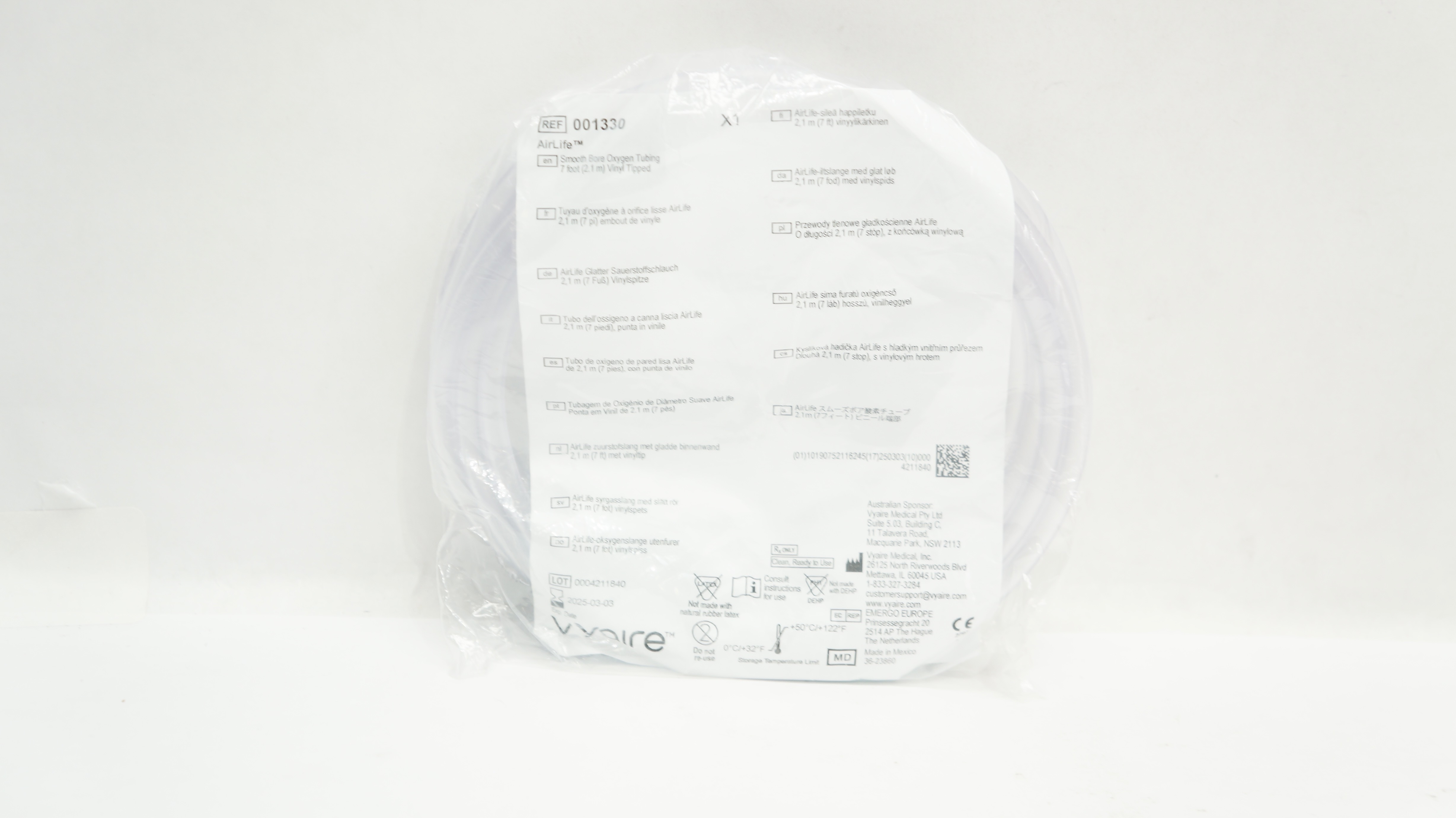 Vyaire 001330 AirLife Smooth Bore Oxygen Tubing Vinyl Tipped, 7ft.