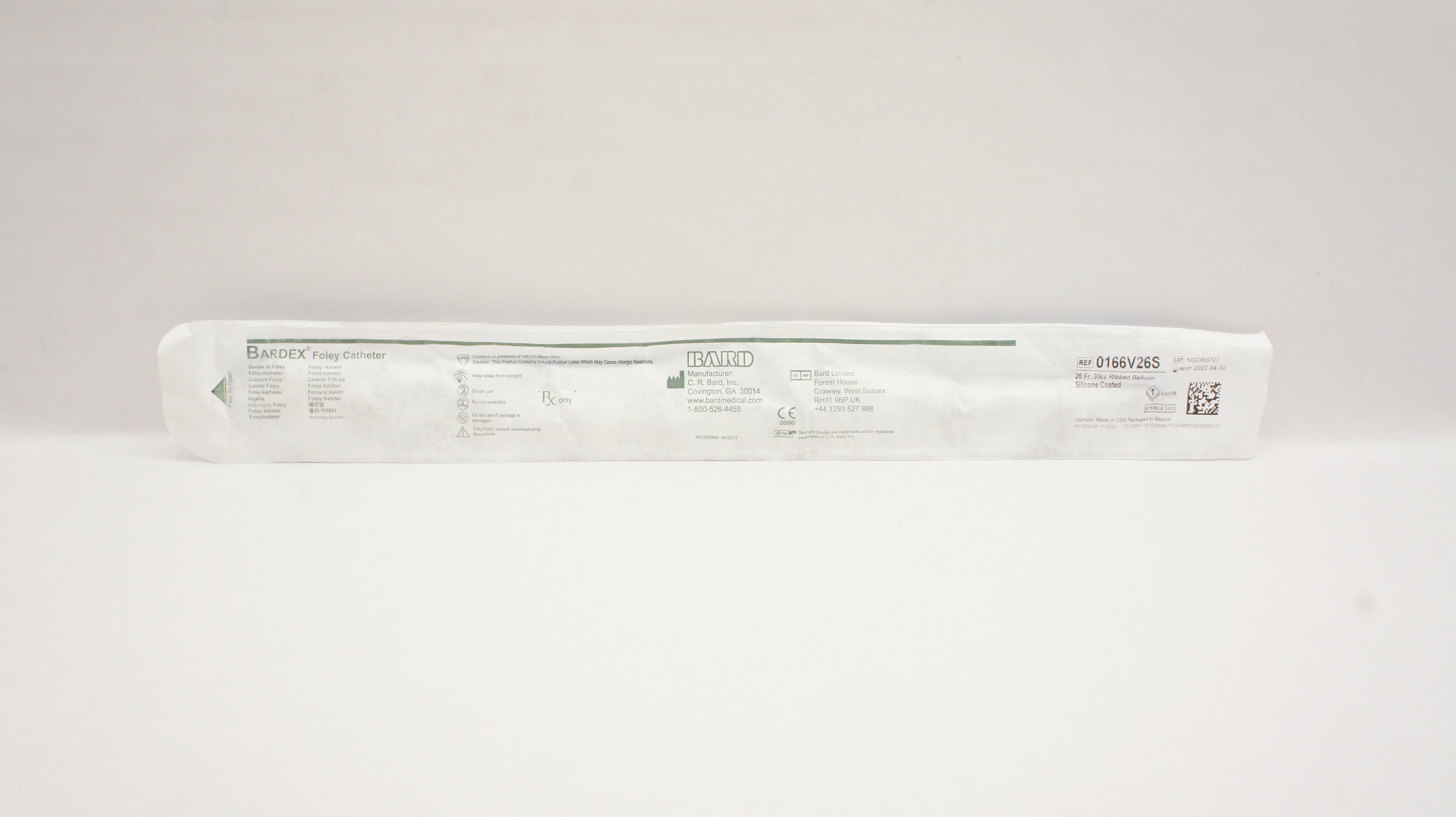 Bard 0166V26S Foley Cath, Ribbed Balloon Silicone Coated 26Fr. 30cc (x)