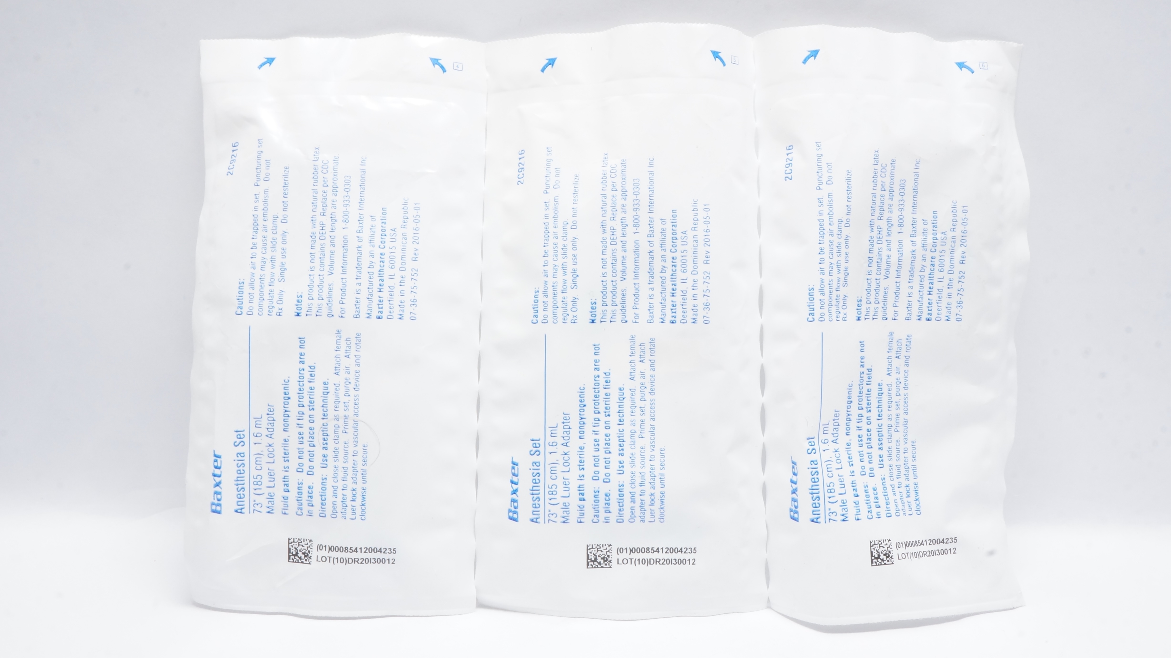 Baxter 2C9216 Anesthesia Set Male Luer Lock Adapter, 73inch x 1.6mL - Lot of 3