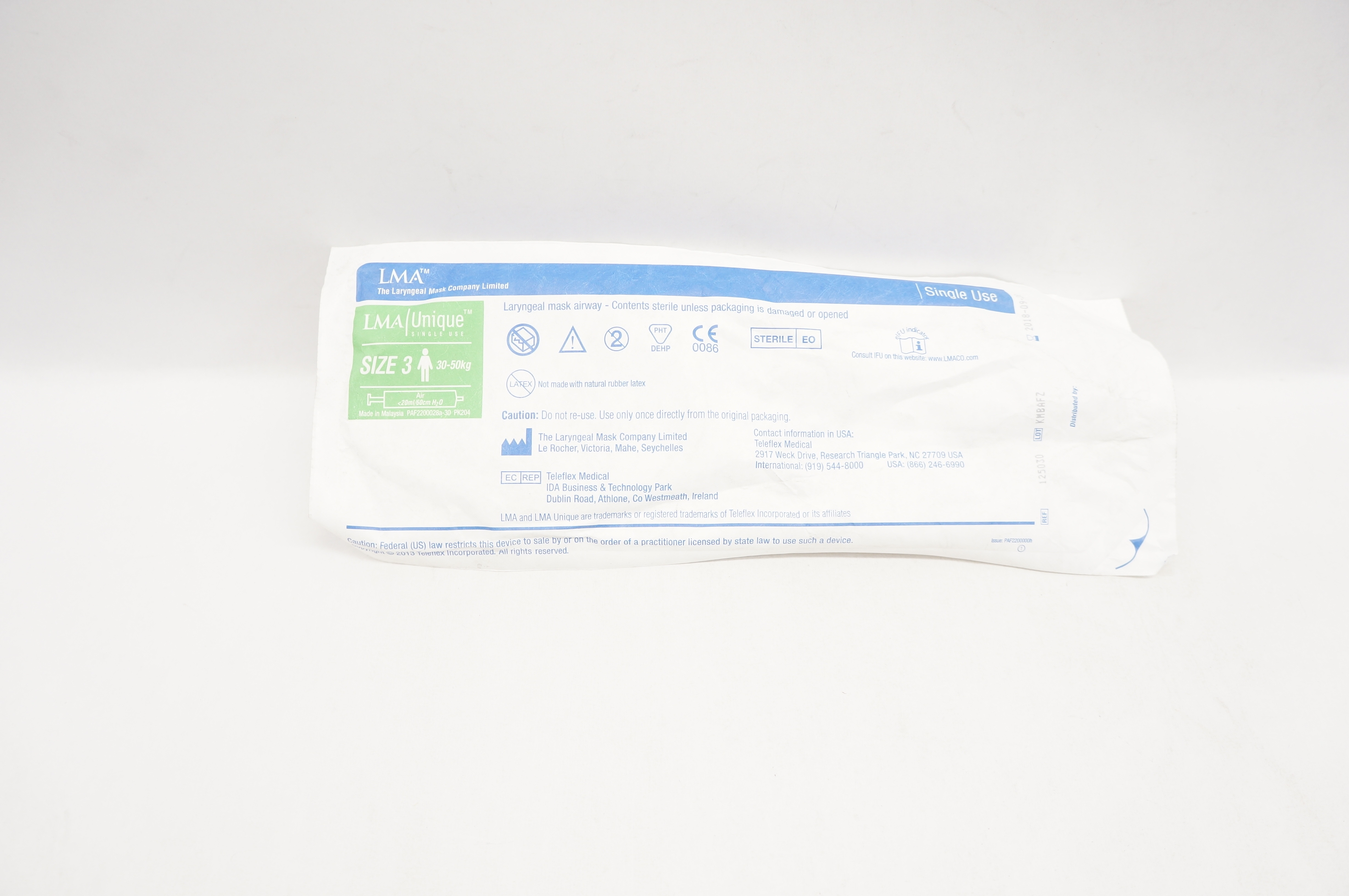 Teleflex 125030 LMA Unique Laryngeal Mask Airway Size 3 30-50kg (x)