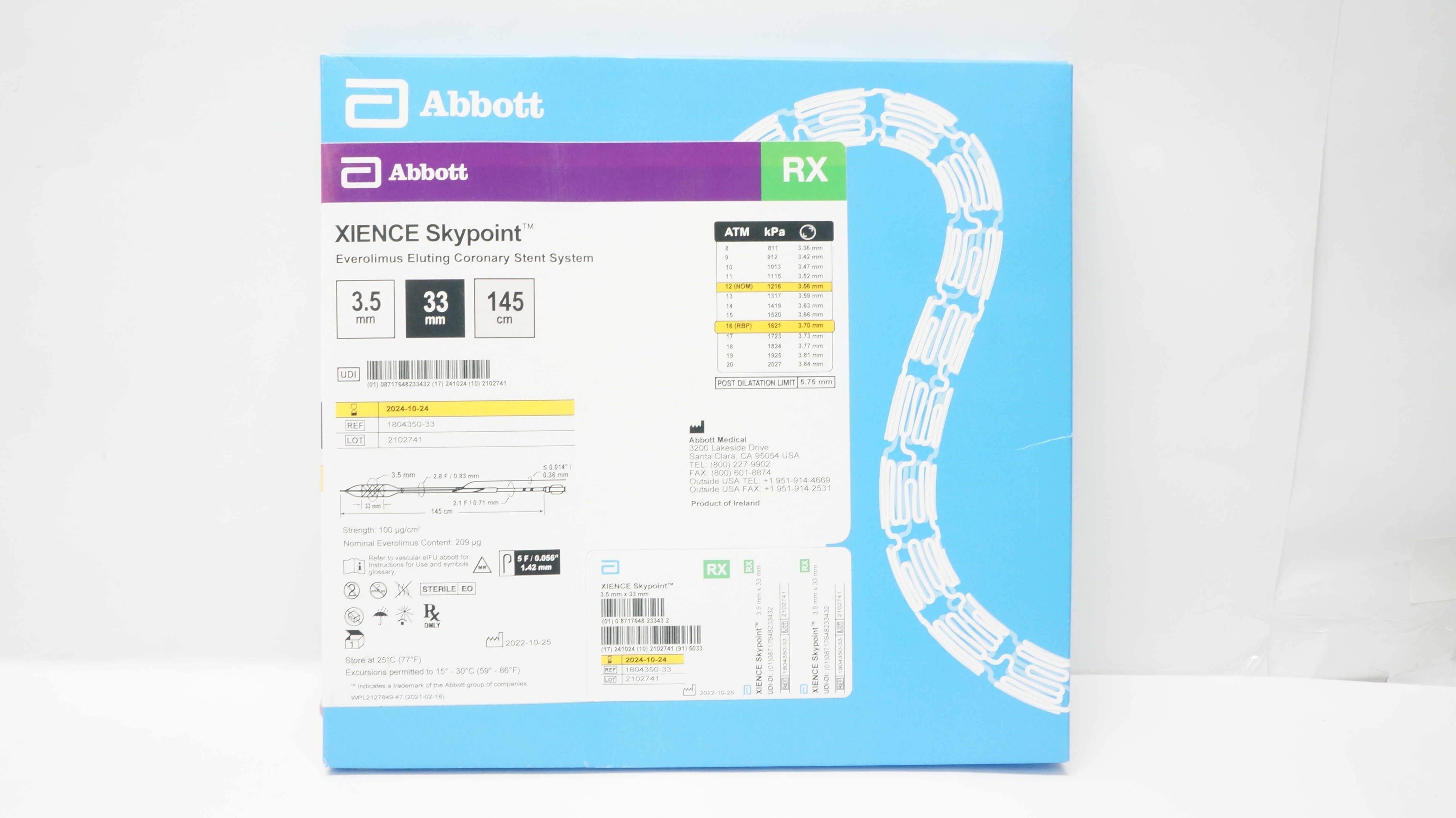 Abbott 1804350-33 Xience Skypoint Coronary Stnt System 145cm x 33mm x 3.5mm (x)