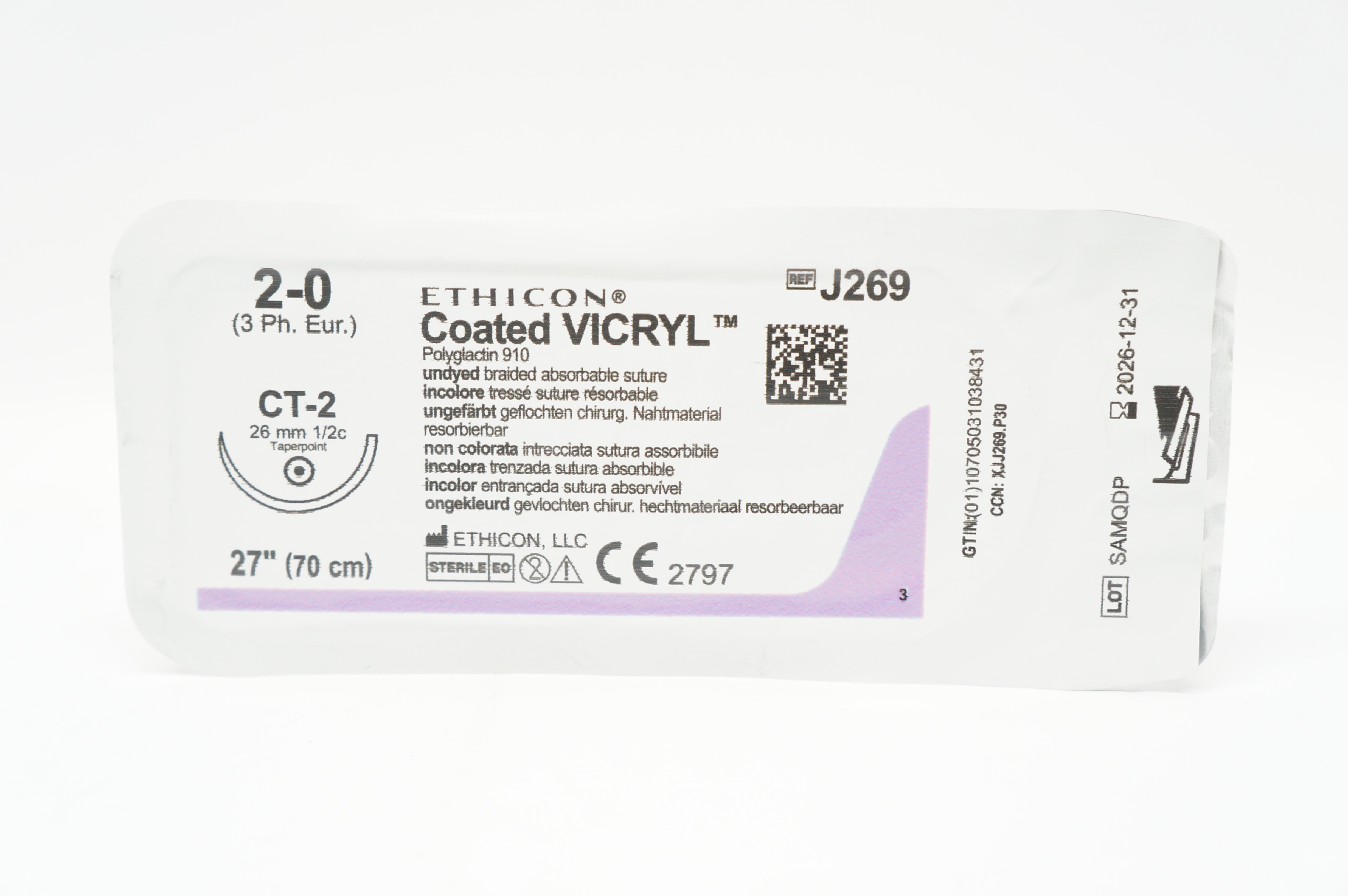 Ethicon J269 2-0 Coated VICRYL, CT-2, 26mm 1/2c Taper, 27inch
