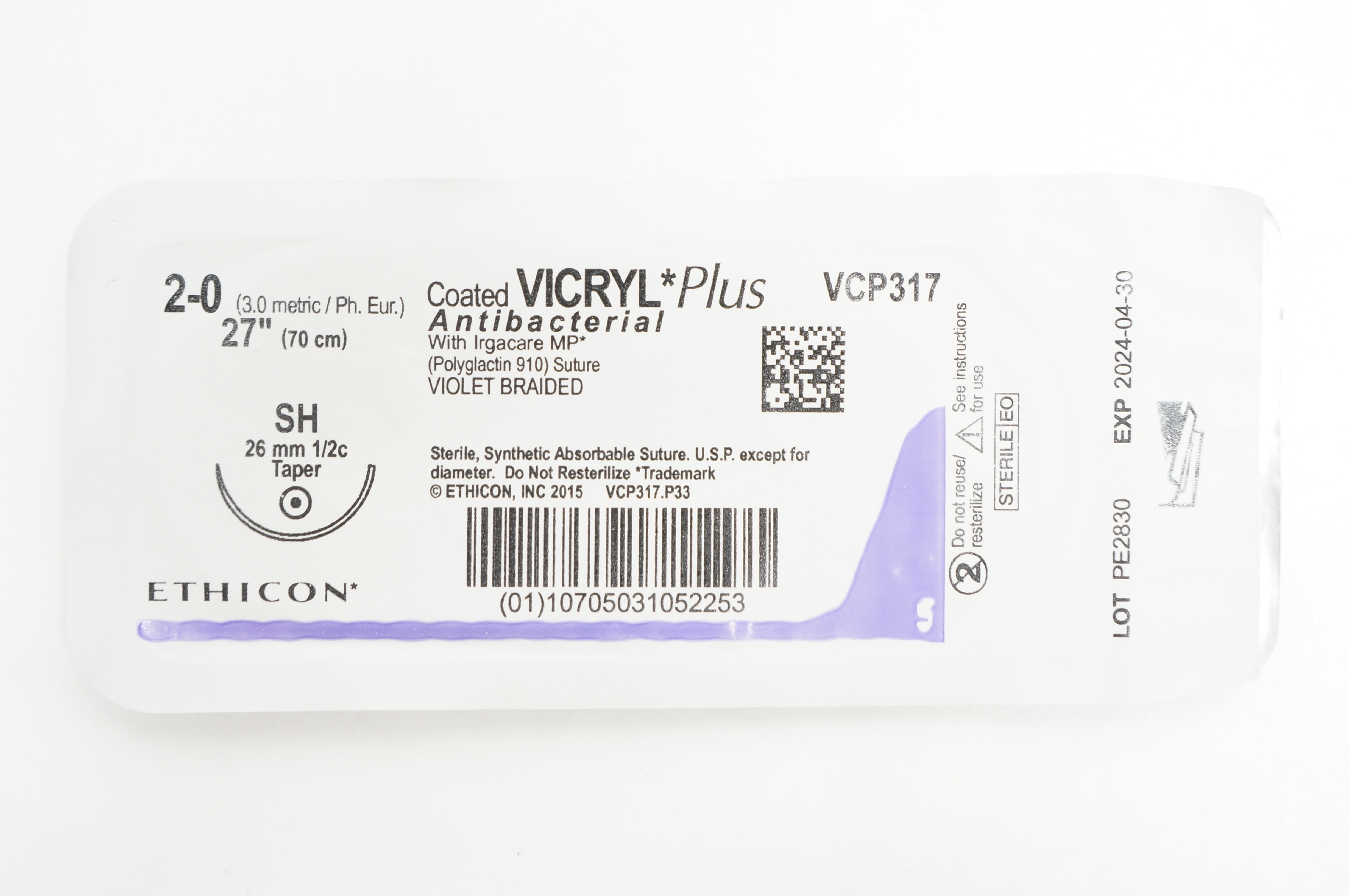 Ethicon VCP317 2-0 Coated VICRYL Plus Stre SH 26mm 1/2c Taper, 27 inch