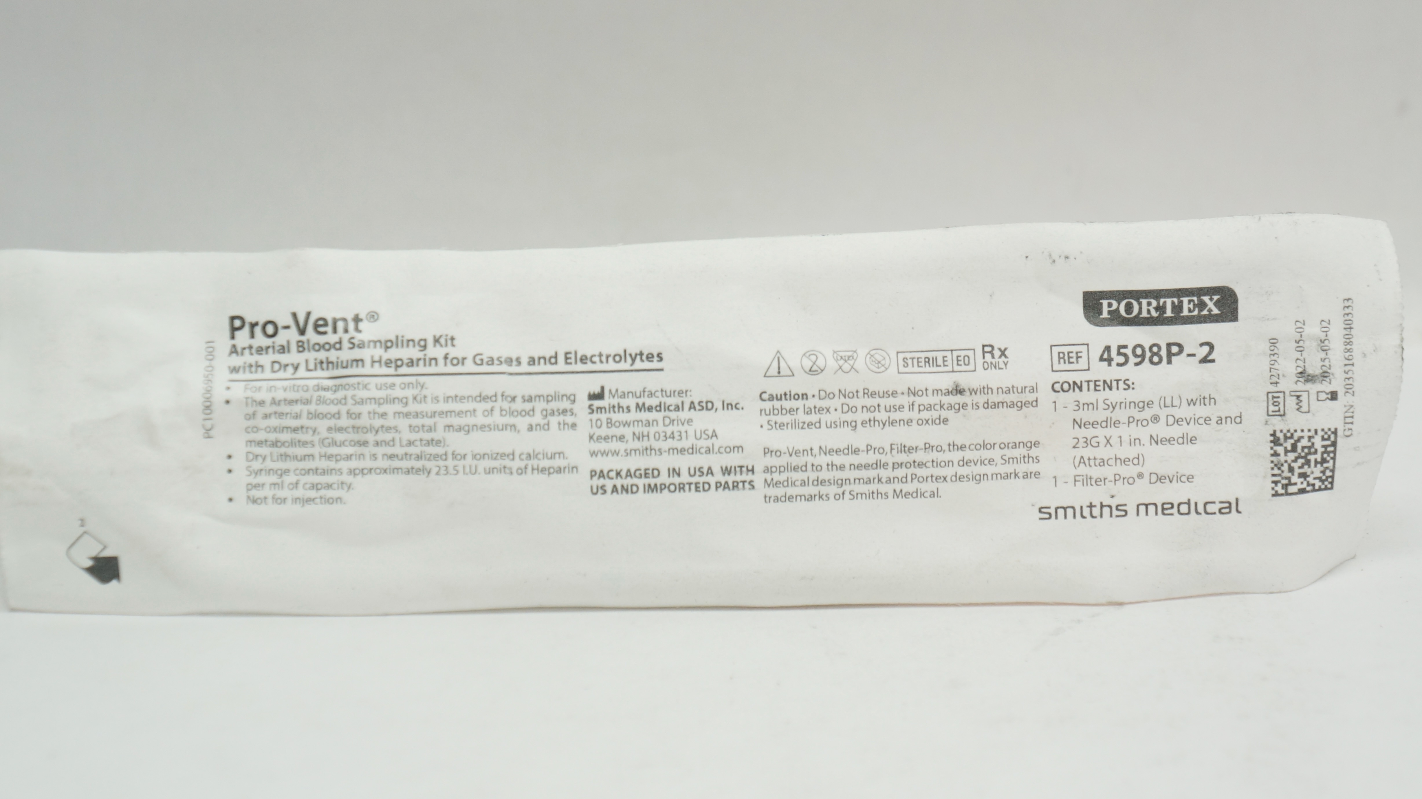 Smiths Medical 4598P2 ProVent Arterial Blood Sampling Kit