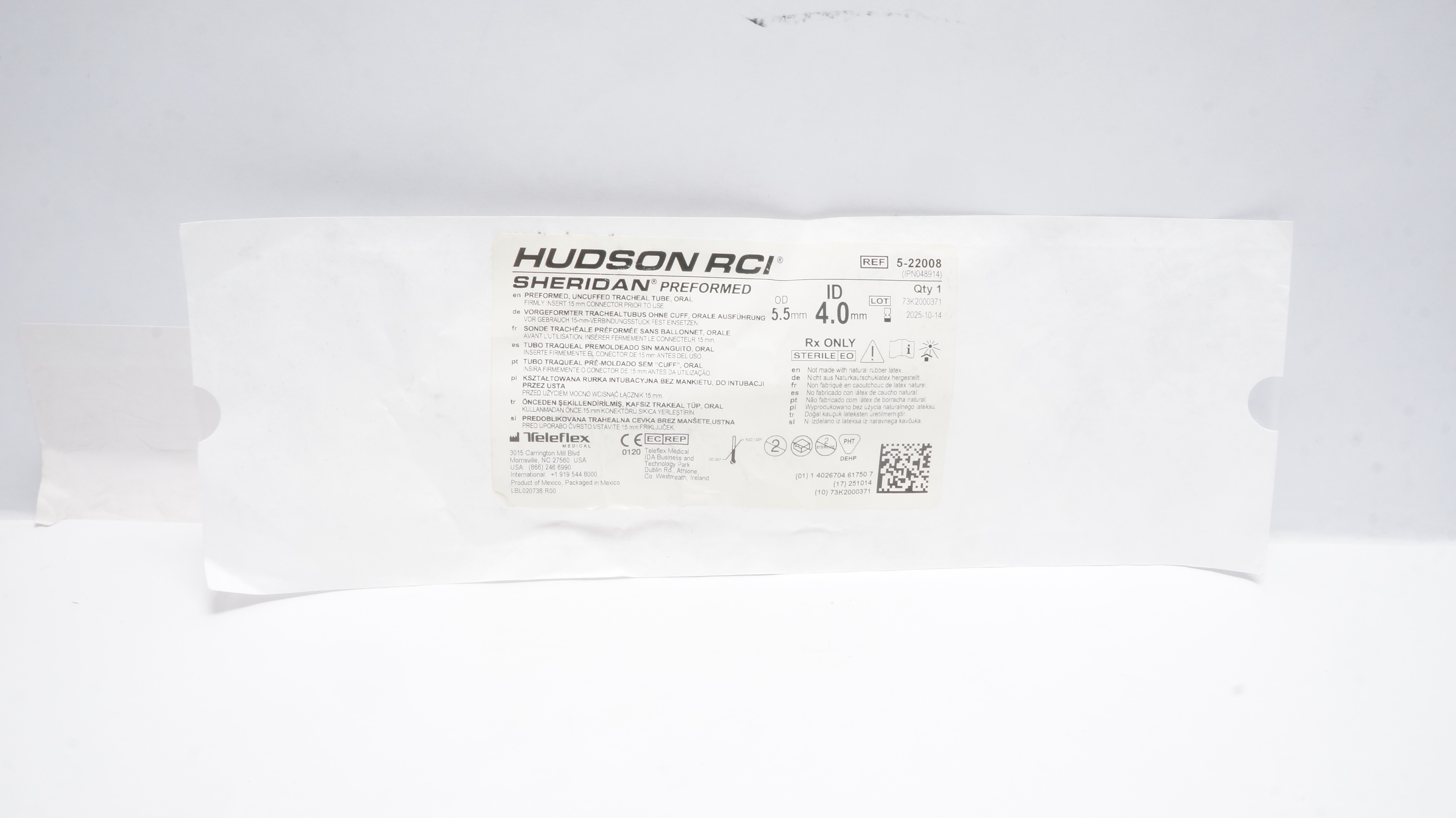 Teleflex 5-22008 Hudson RCI Preformed Uncuffed Tracheal Tube 4.0ID x 5.5mmOD