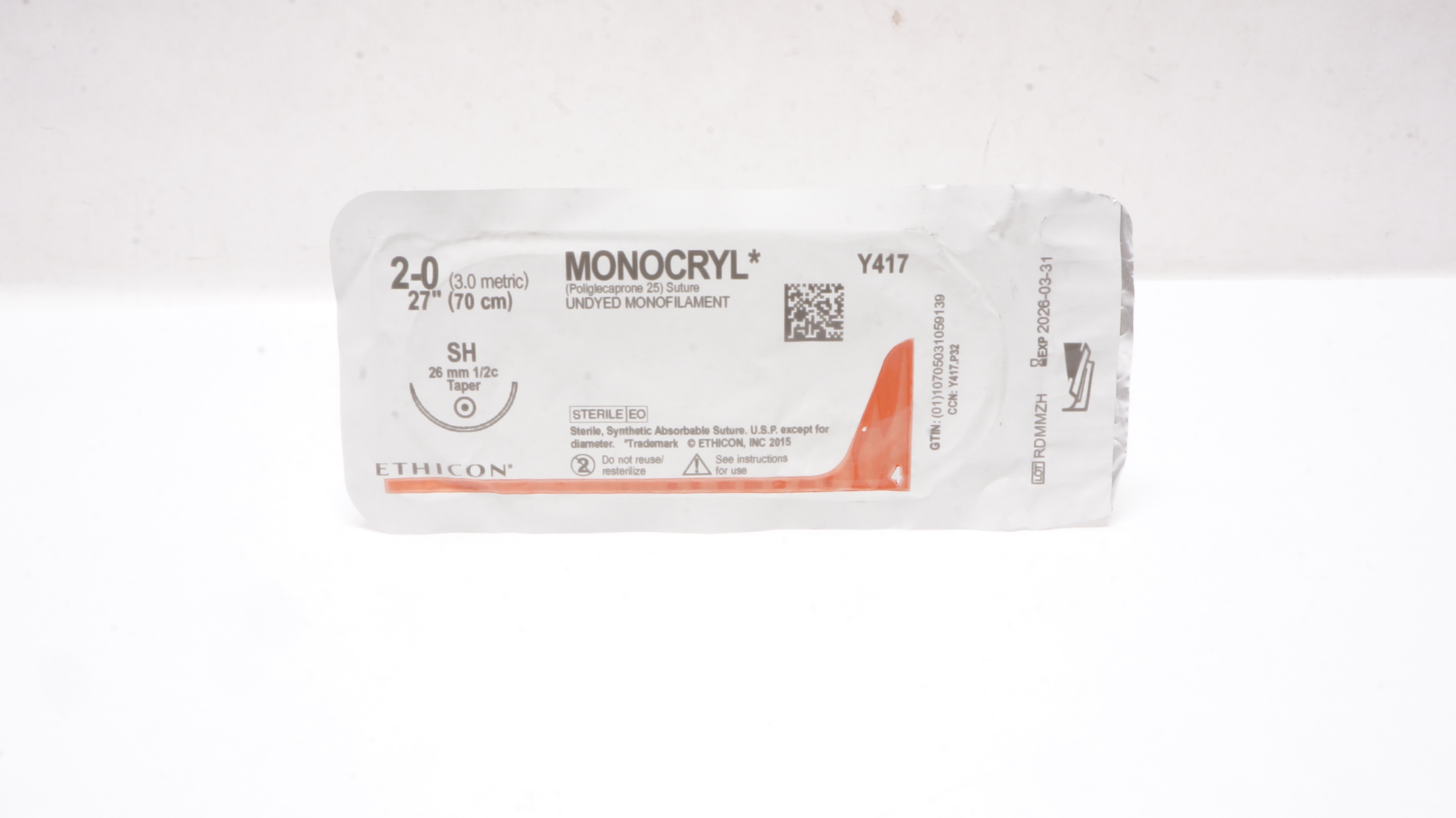 Ethicon Y417 2-0 MONOCRYL Undyed Monofilament SH 26mm1/2c Taper 27inch