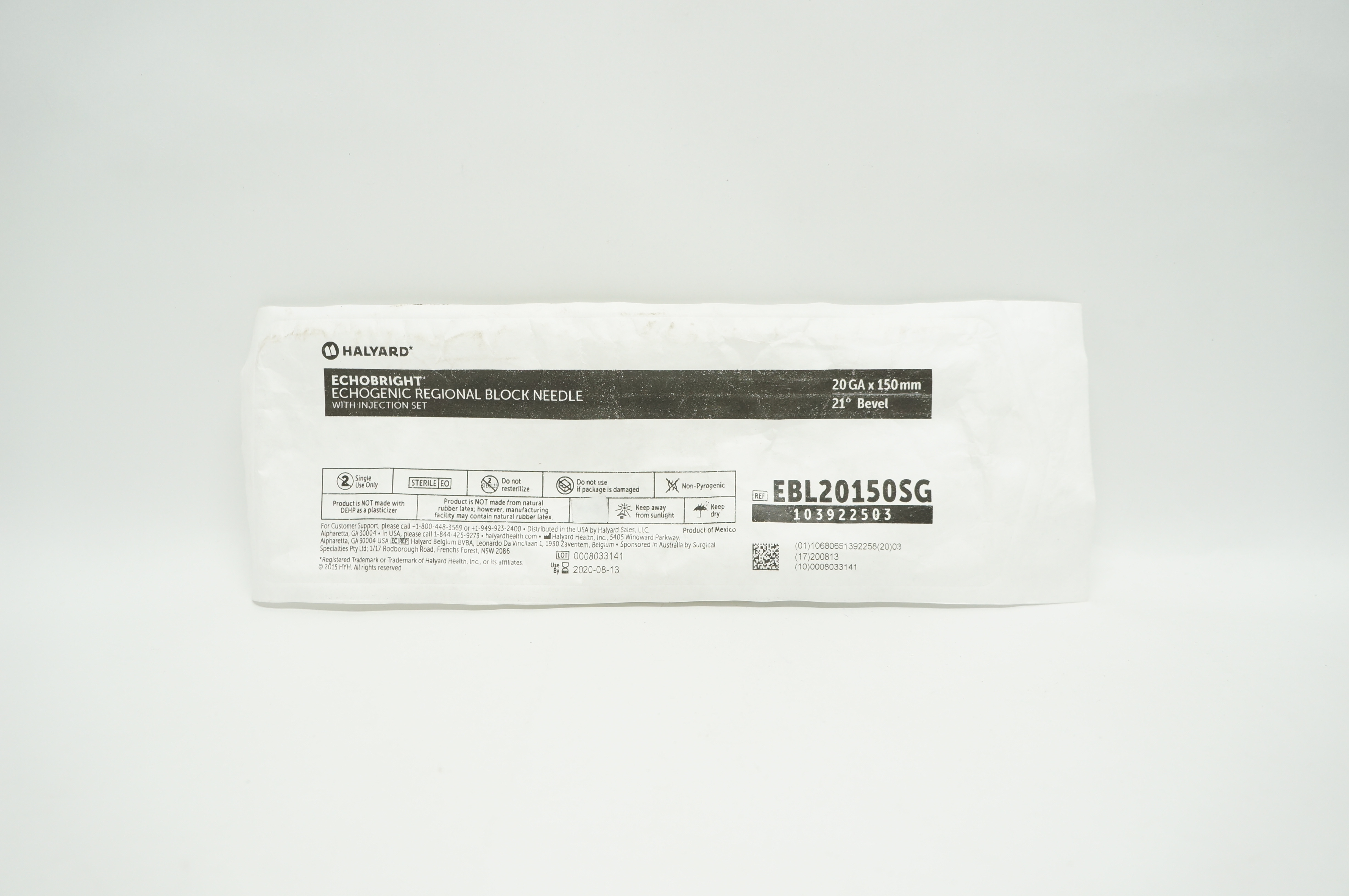Halyard EBL20150SG Echobright Echogenic Regional Block Ndle 20GA  x 150mm (x)