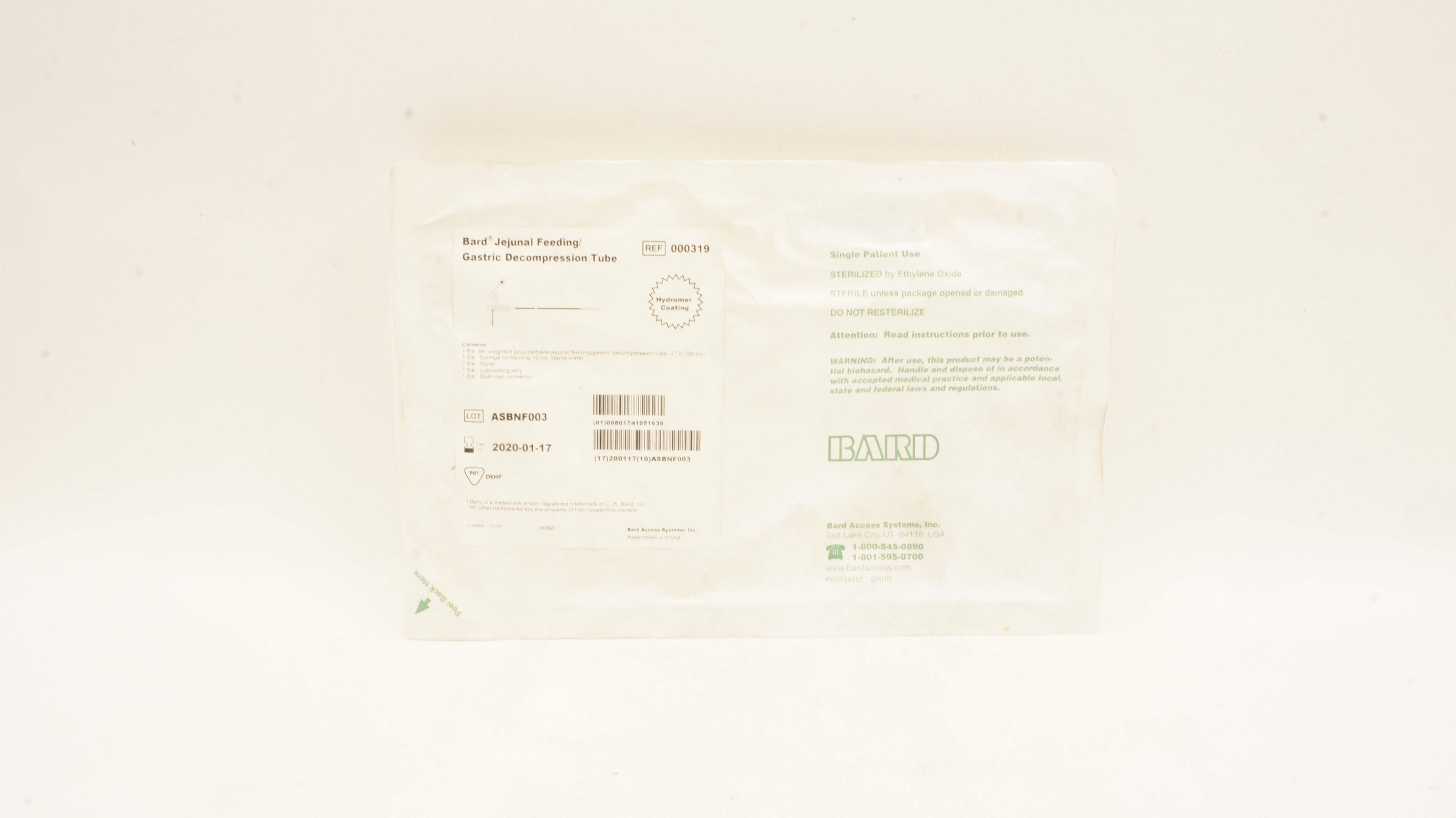 Bard 000319 Jejunal Feeding Gastric Decompression Tube 9F x 27inch (x)