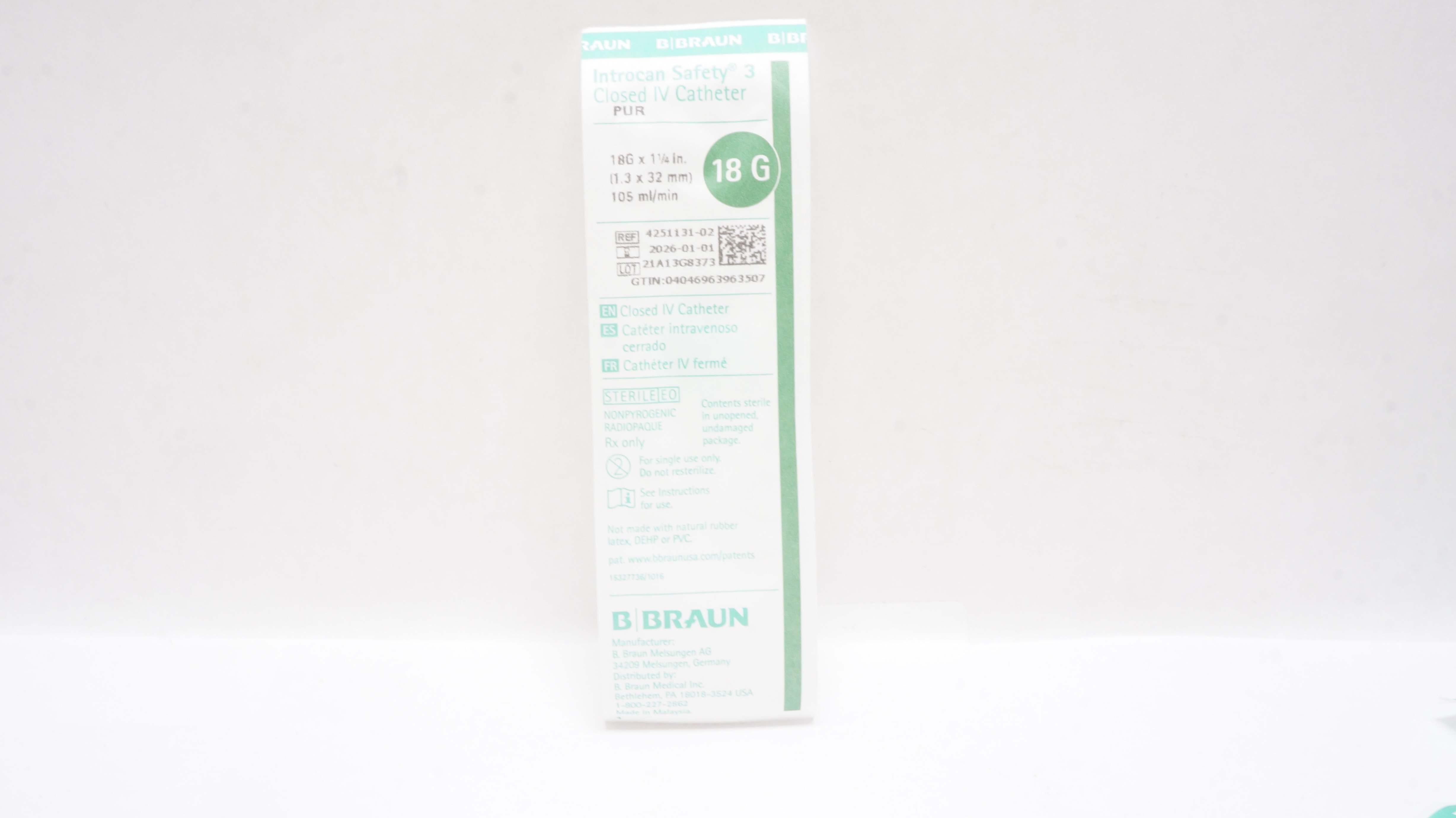 B.Braun 4251131-02 Introcan Safety 3 Closed IV Cath. 18G x 1-1/4inch 105ml/min