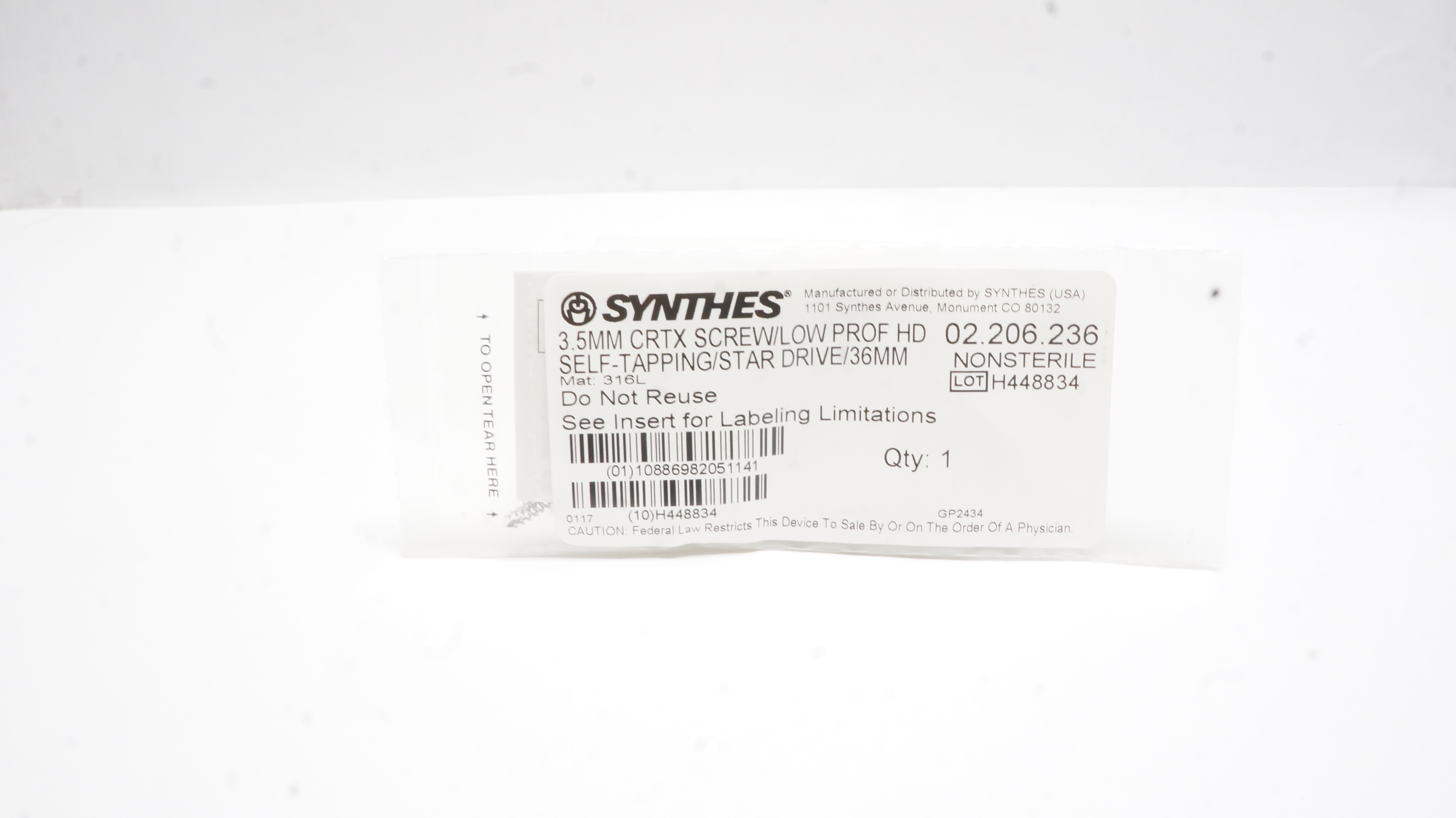 Synthes 02.206.234 3.5mm Cortex Screw/Low Prof HD Self-Tapping/Star Drive /36mm