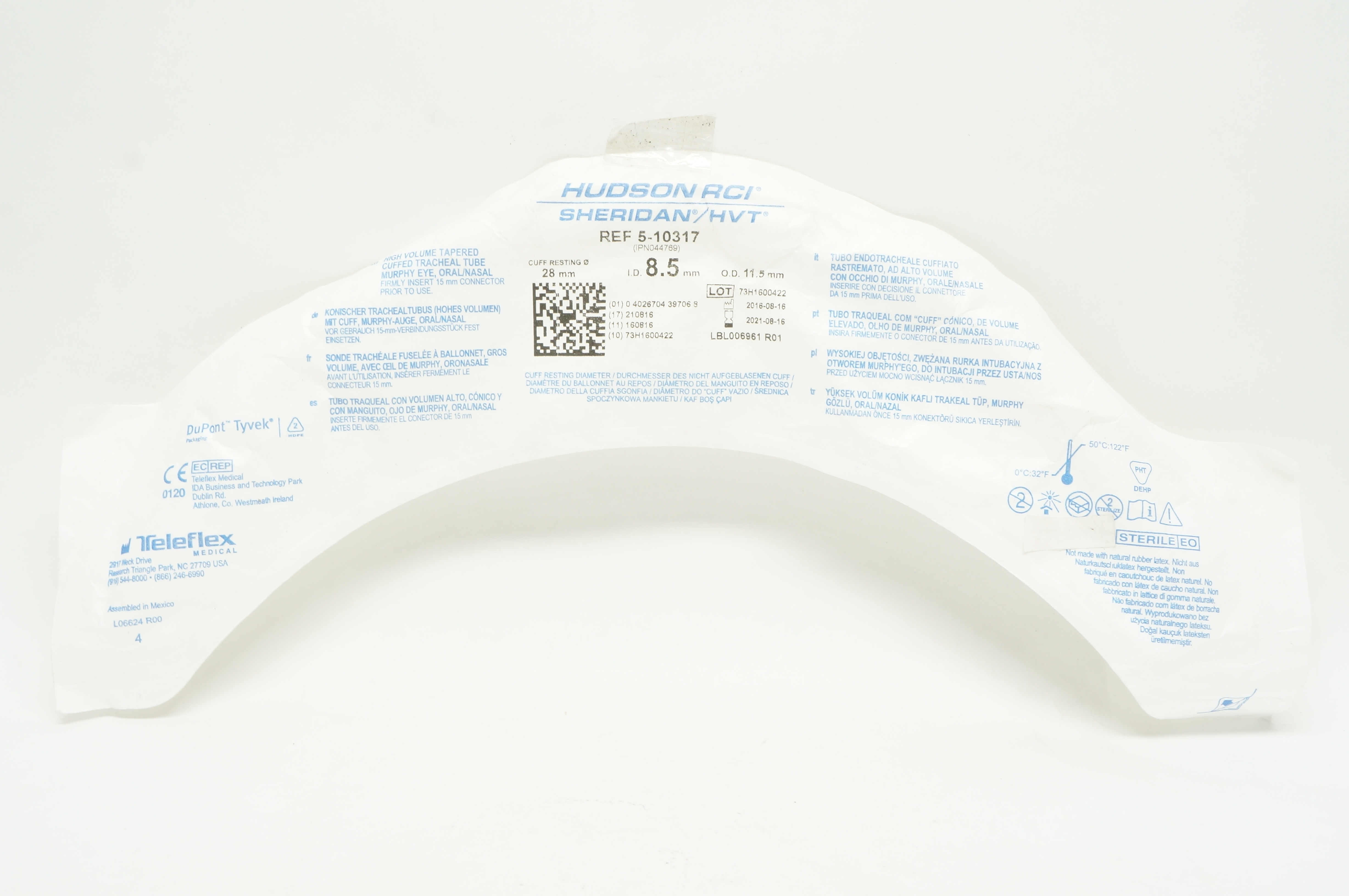 Teleflex 5-10317 High Volume Tapered Cuffed Tracheal Tube 8.5mm ID x 11.5mm OD