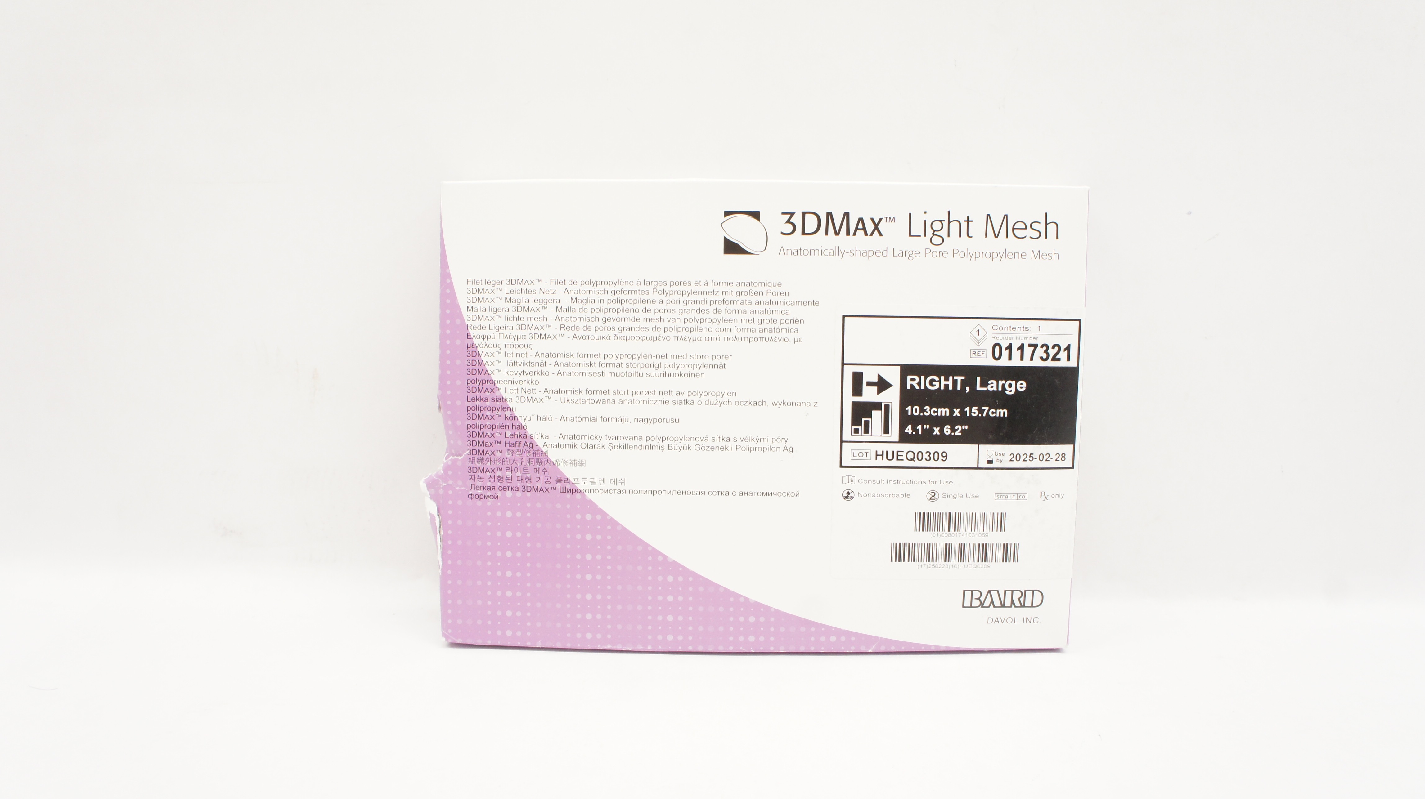 Bard 0117321 Davol 3DMax Light Mesh Right Large 4.1 inch x 6.2 inch
