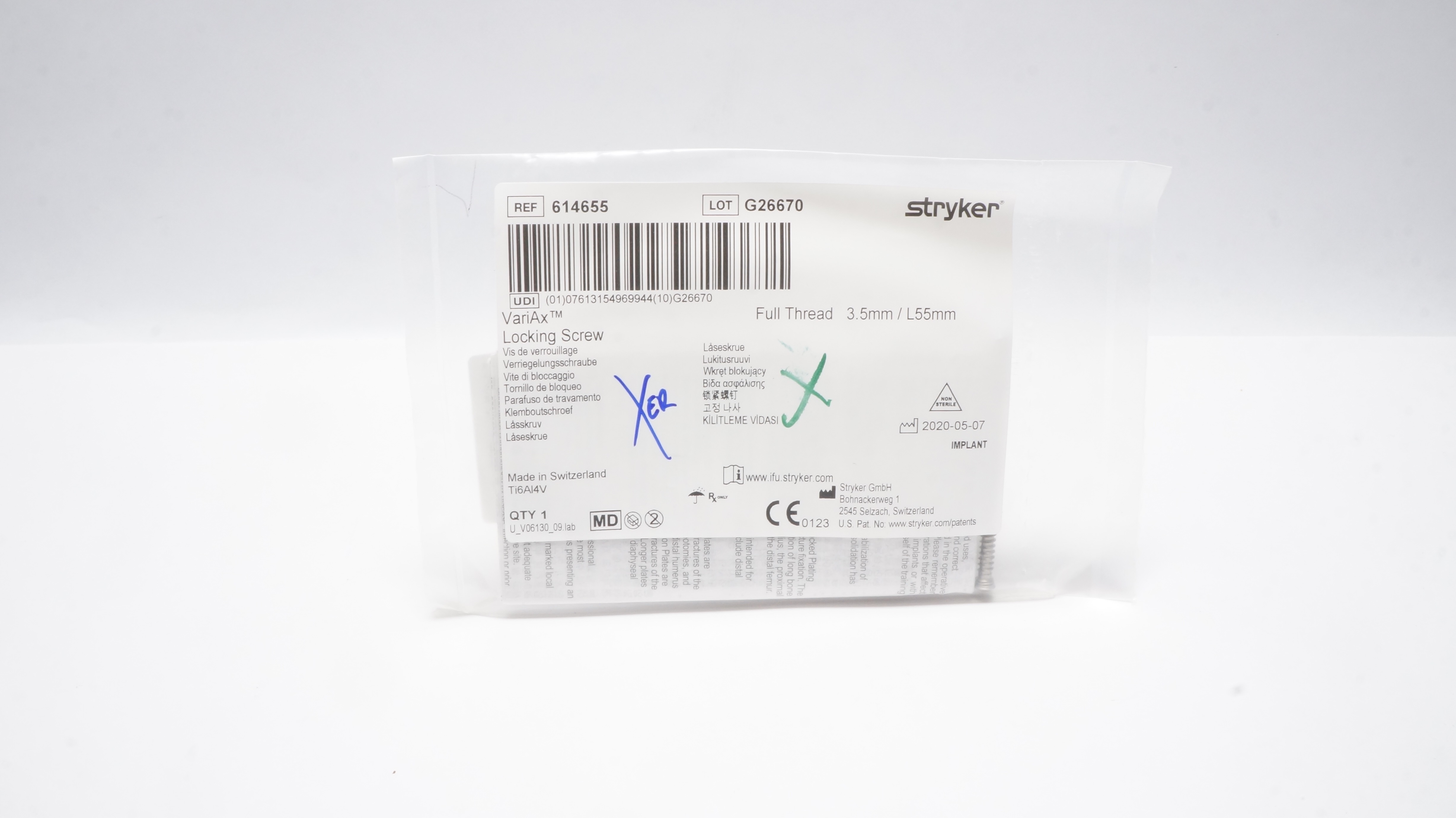 Stryker 614655 VariAx Locking Screw , Full Thread 3.5mm/ L55mm