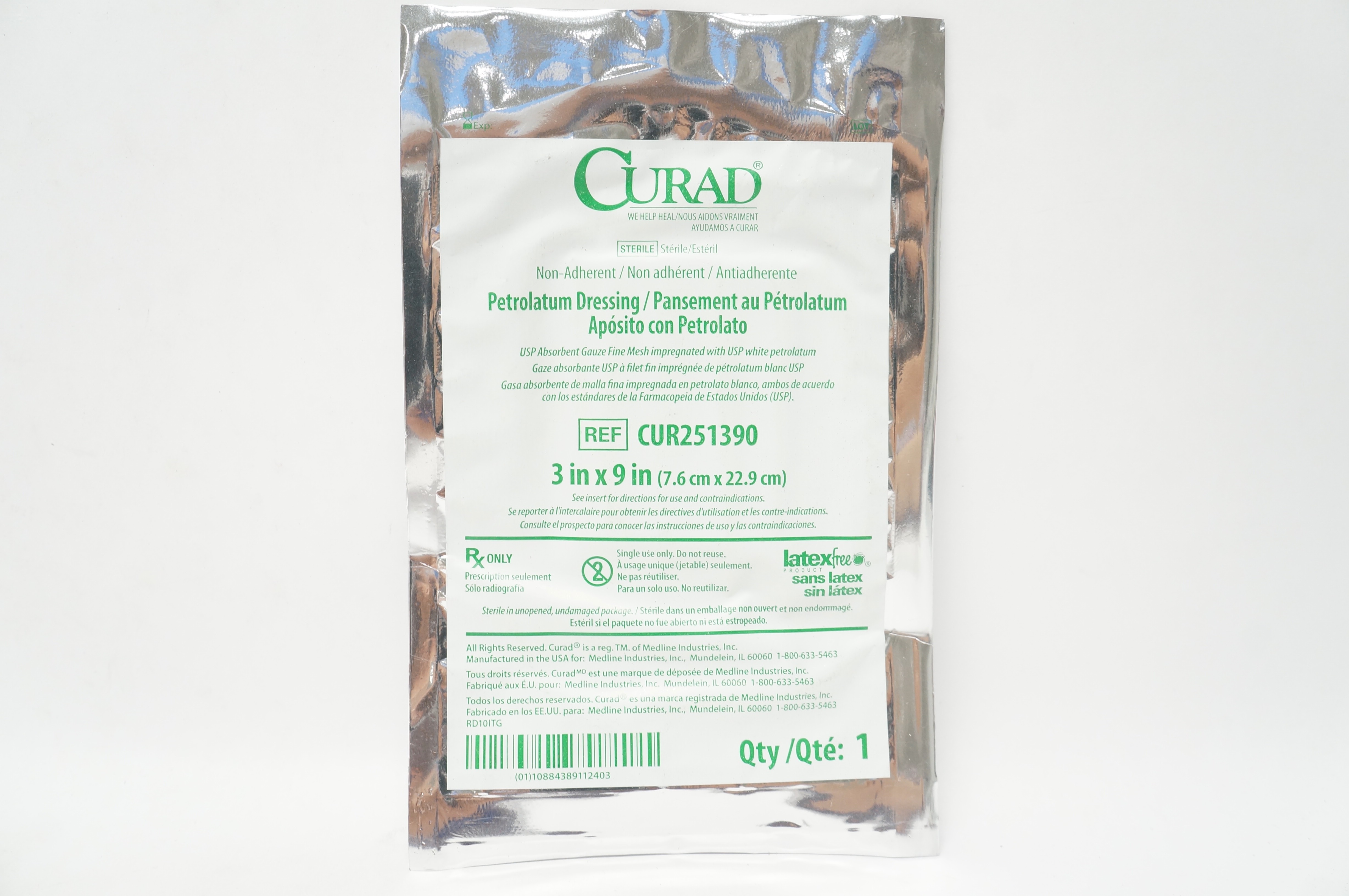 Medline CUR251390 Curad Non-Adherent Petrolatum Dressing 3inch x 9inch (x)