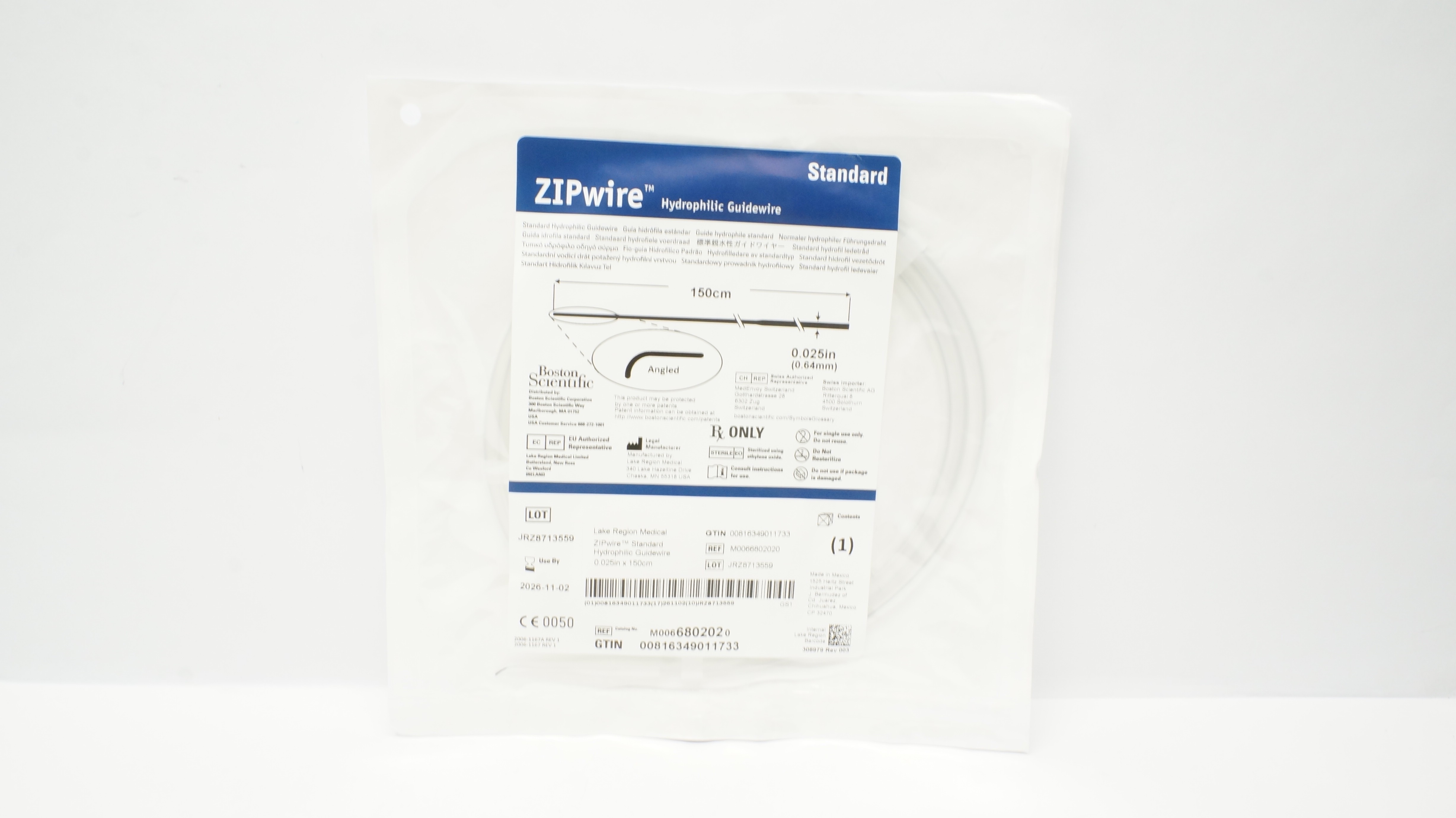 Boston Scientific 680202 ZIPwire Hydrophilic Guidewire 0.025inch x 150cm