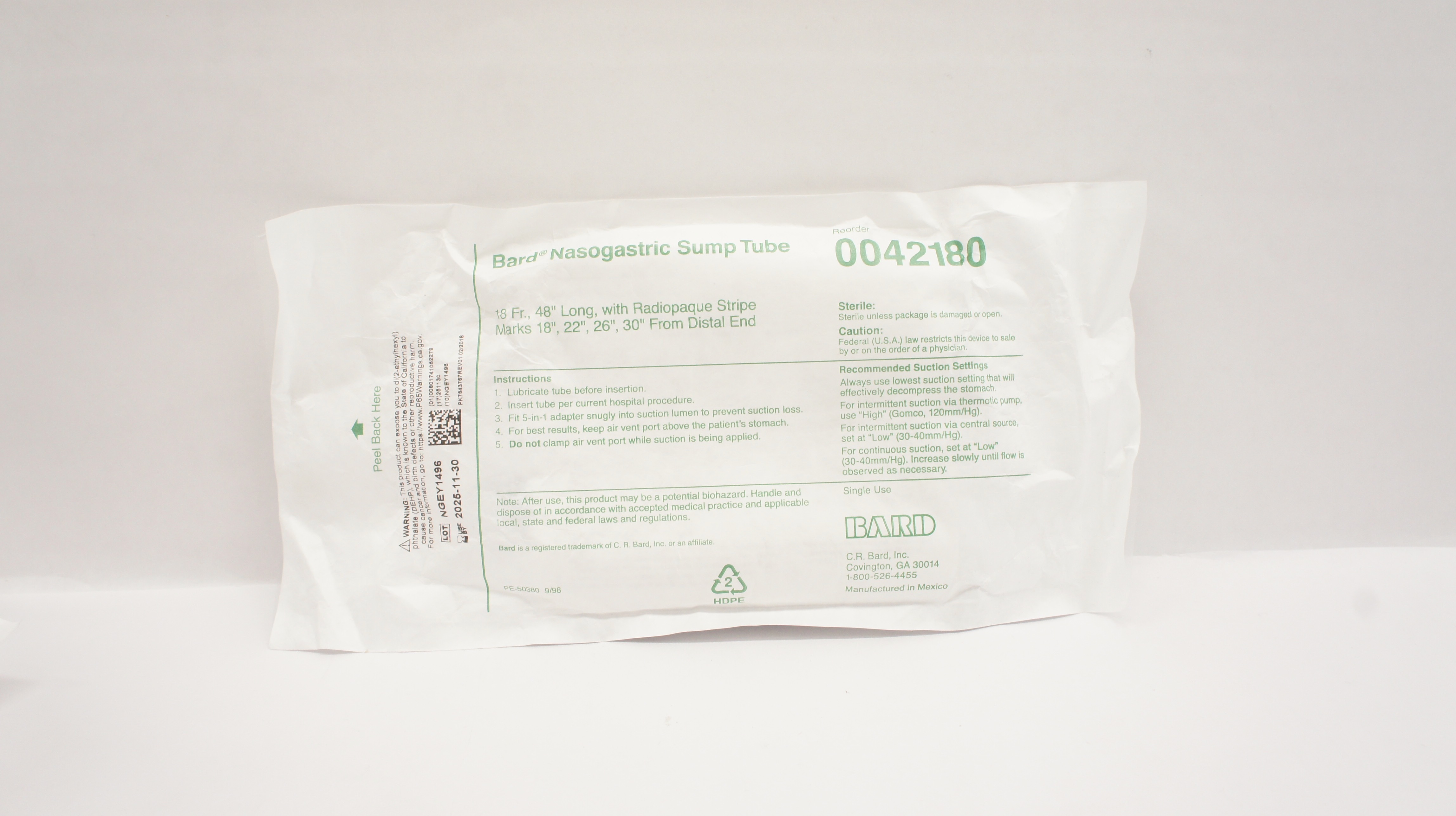 Bard 0042180 Nasogastric Sump Tube 18Fr. x 48Inch