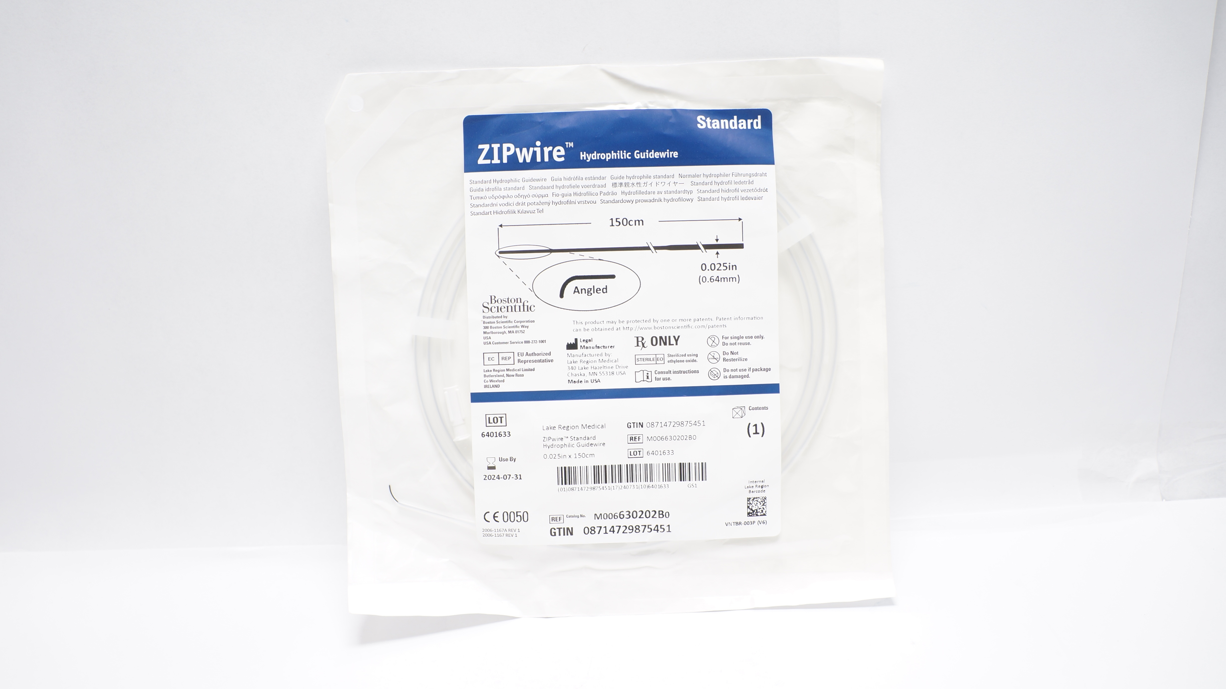 Boston Scientific M006630202B0 Zipwire Hydrophilic GuideWire 150cm