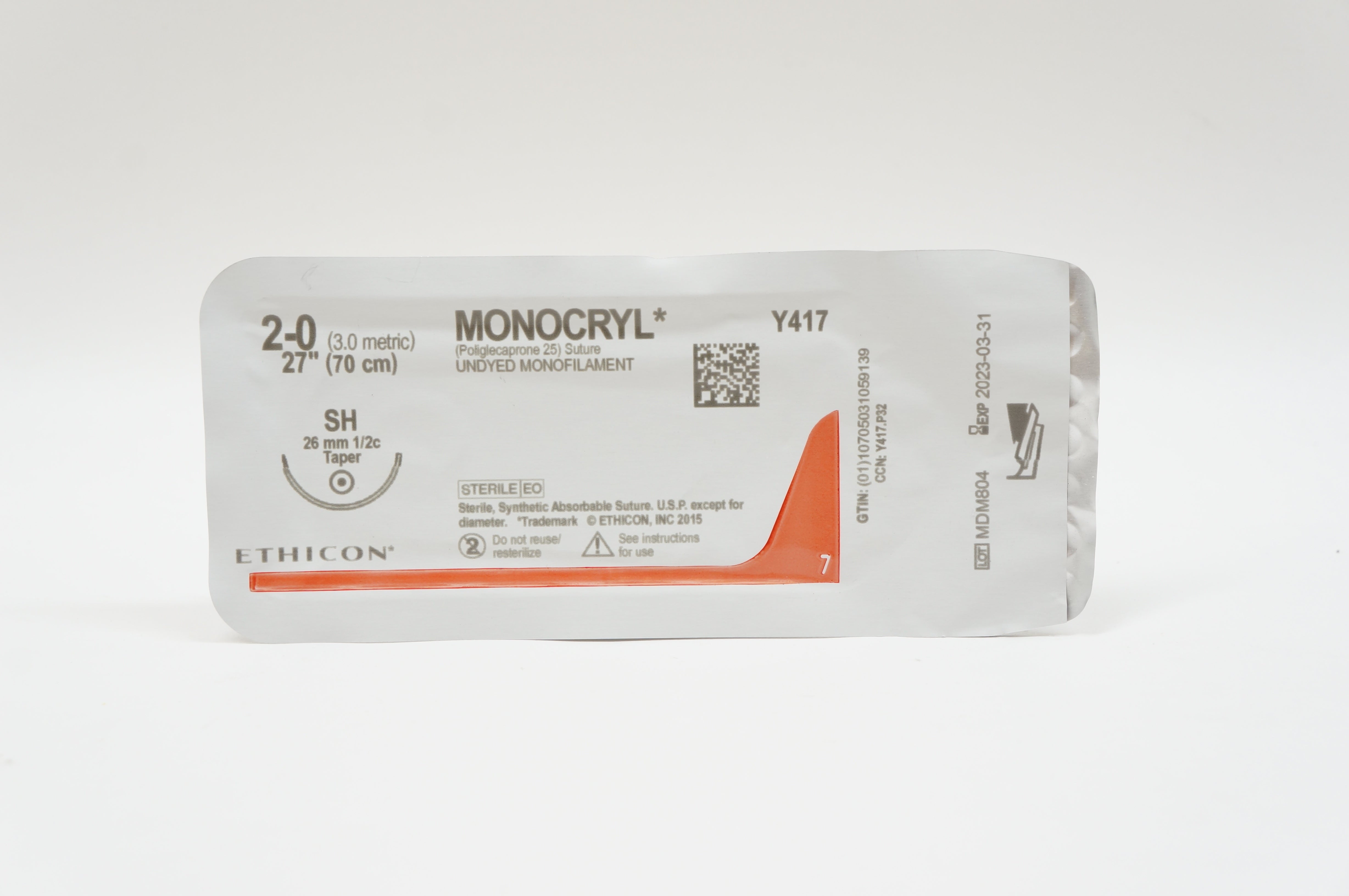 Ethicon Y417 2-0 MONOCRYL, SH, 26mm 1/2c Taper, 27inch