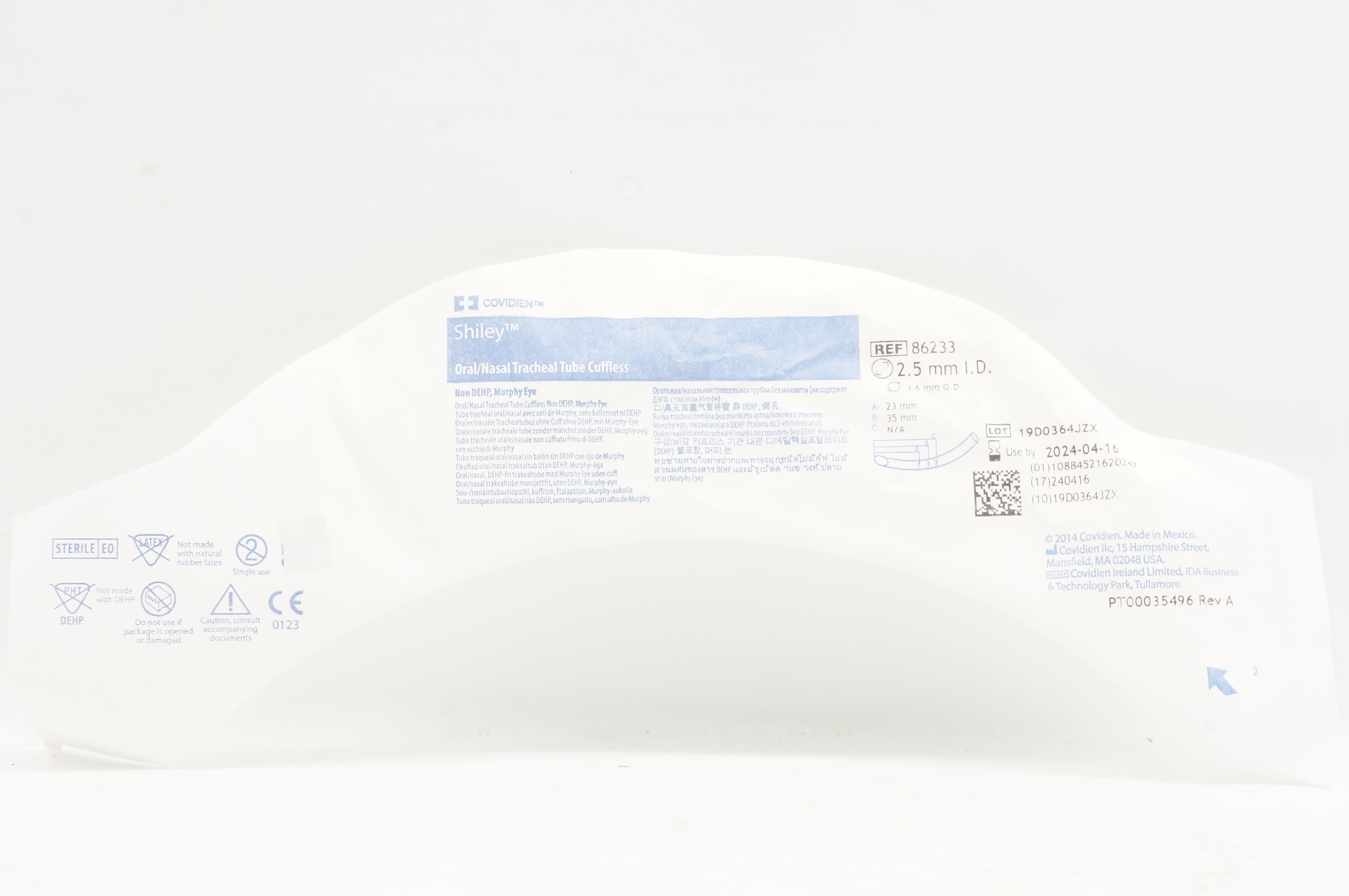 Covidien 86233 Shiley Oral/Nasal Tracheal Tube Cuffless 2.5mm I.D. x 3.6mm O.D.