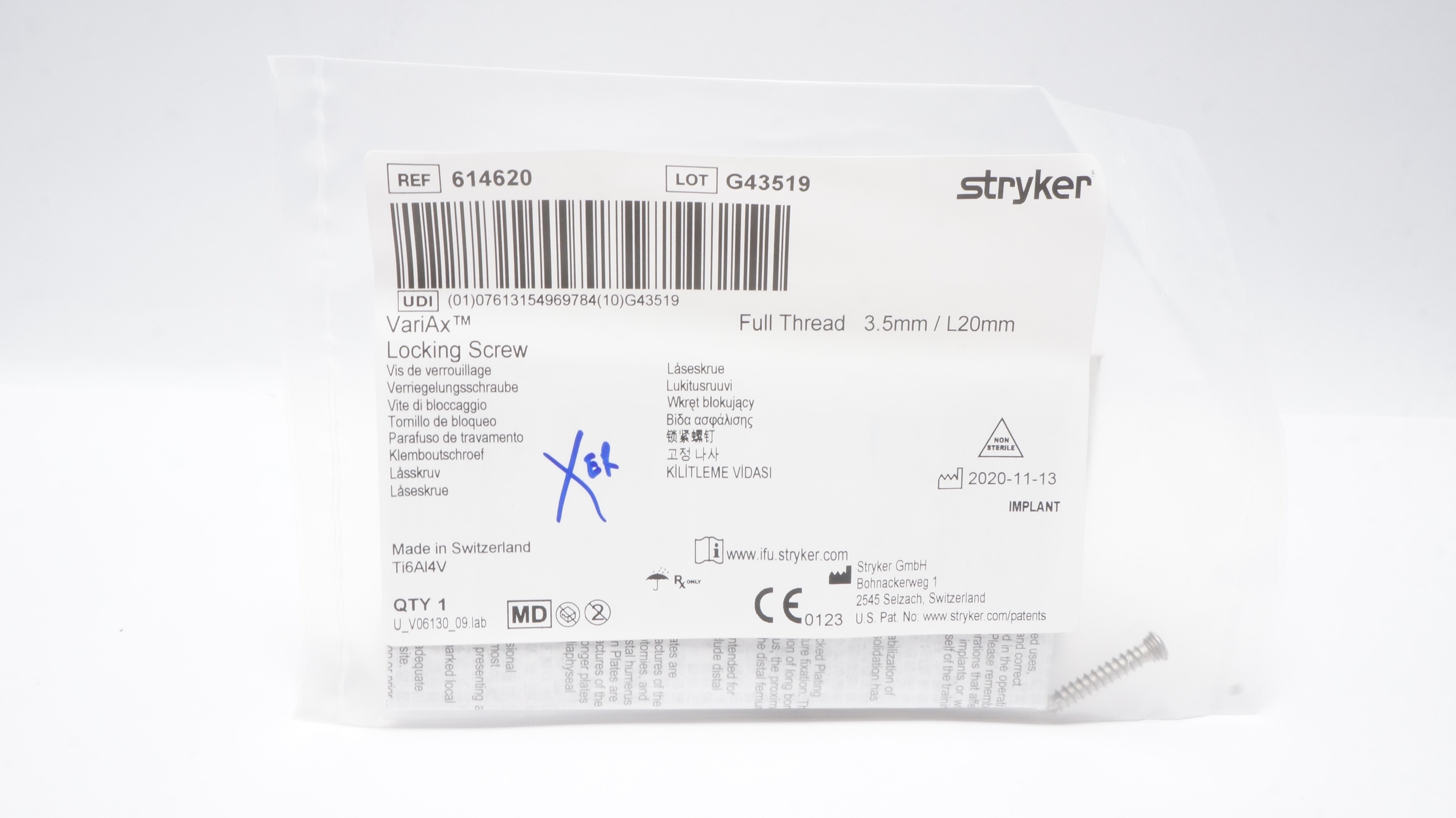 Stryker 614620 VariAx Locking Screw , Full Thread 3.5mm/ L20mm