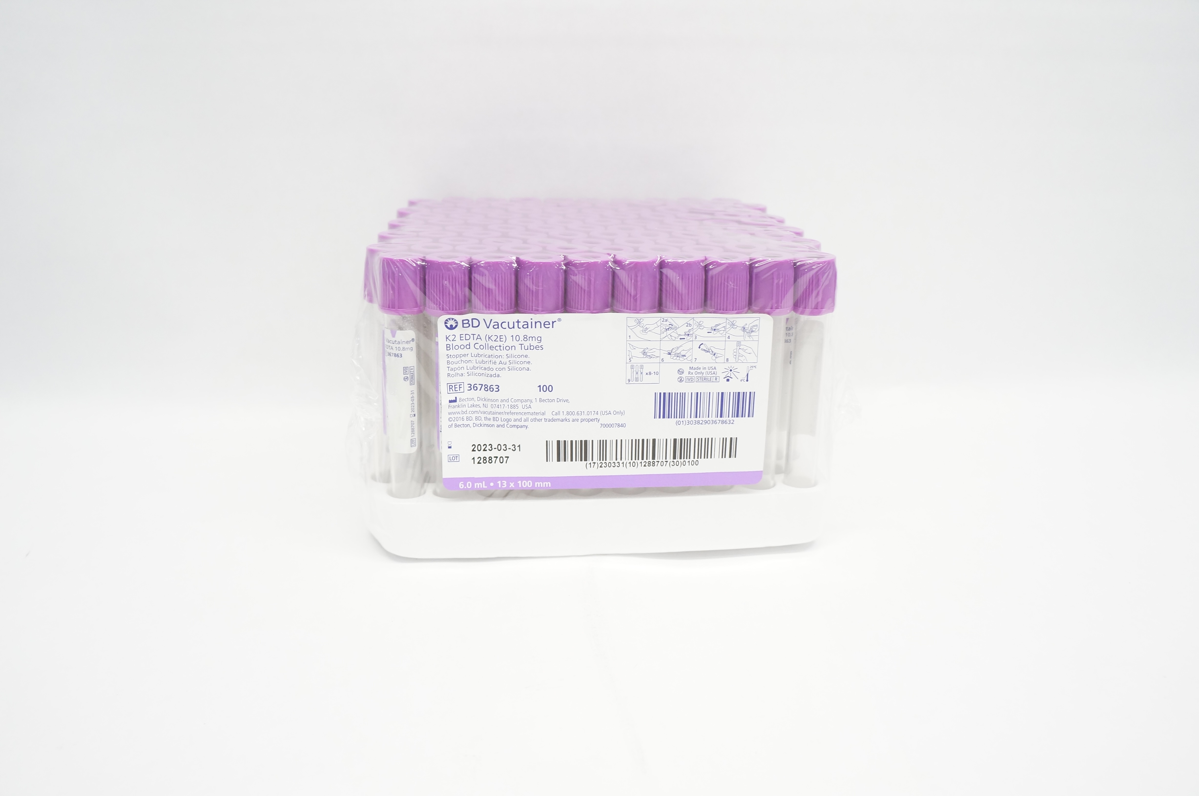 BD 367863 Vacutainer K2 EDTA Blood Collection Tube 10.8mg (x) - Pack of 100