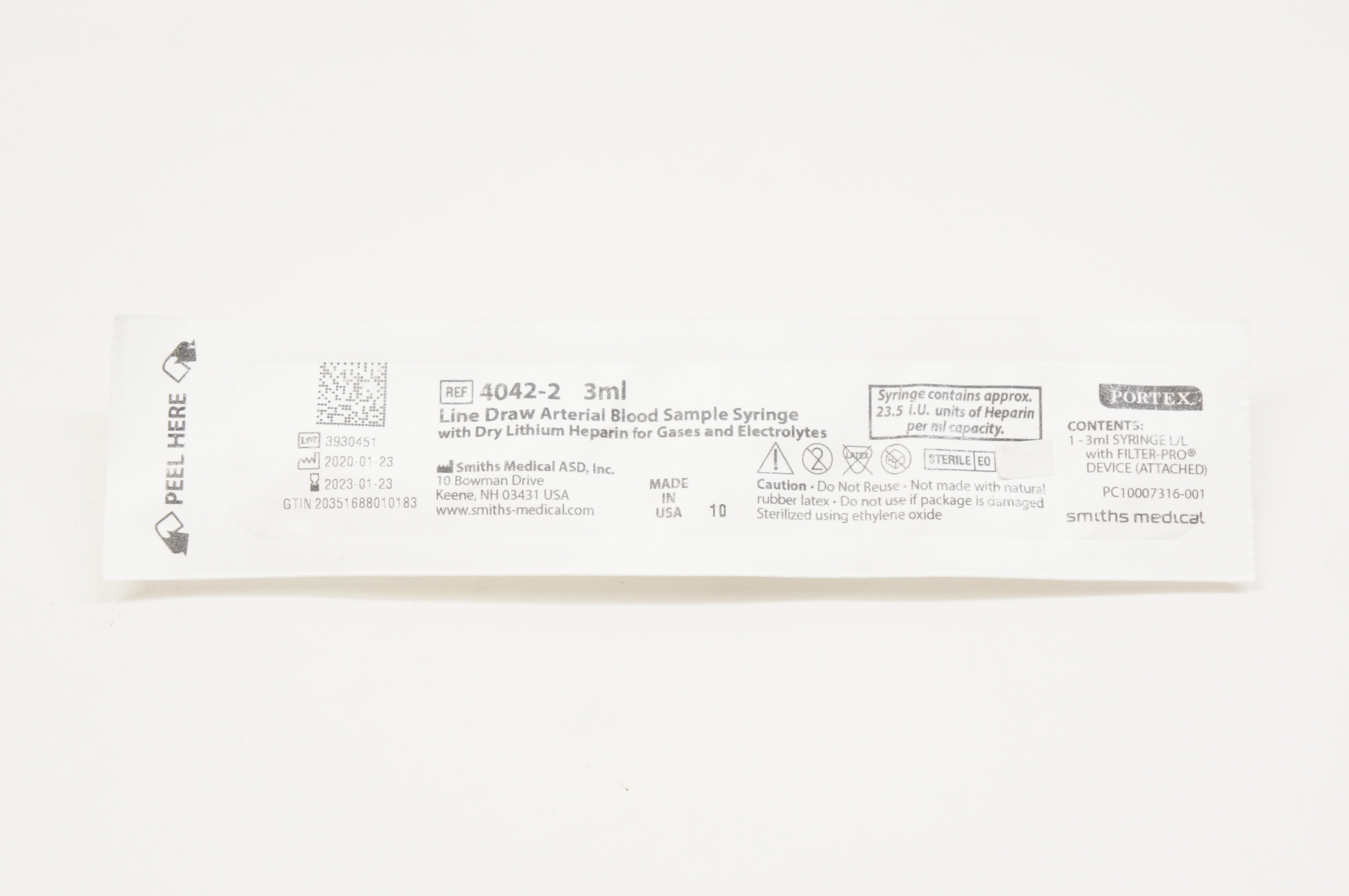 Smiths Medical 4042-2 Portex Line Draw Arterial Blood Sample Syringe 3ml