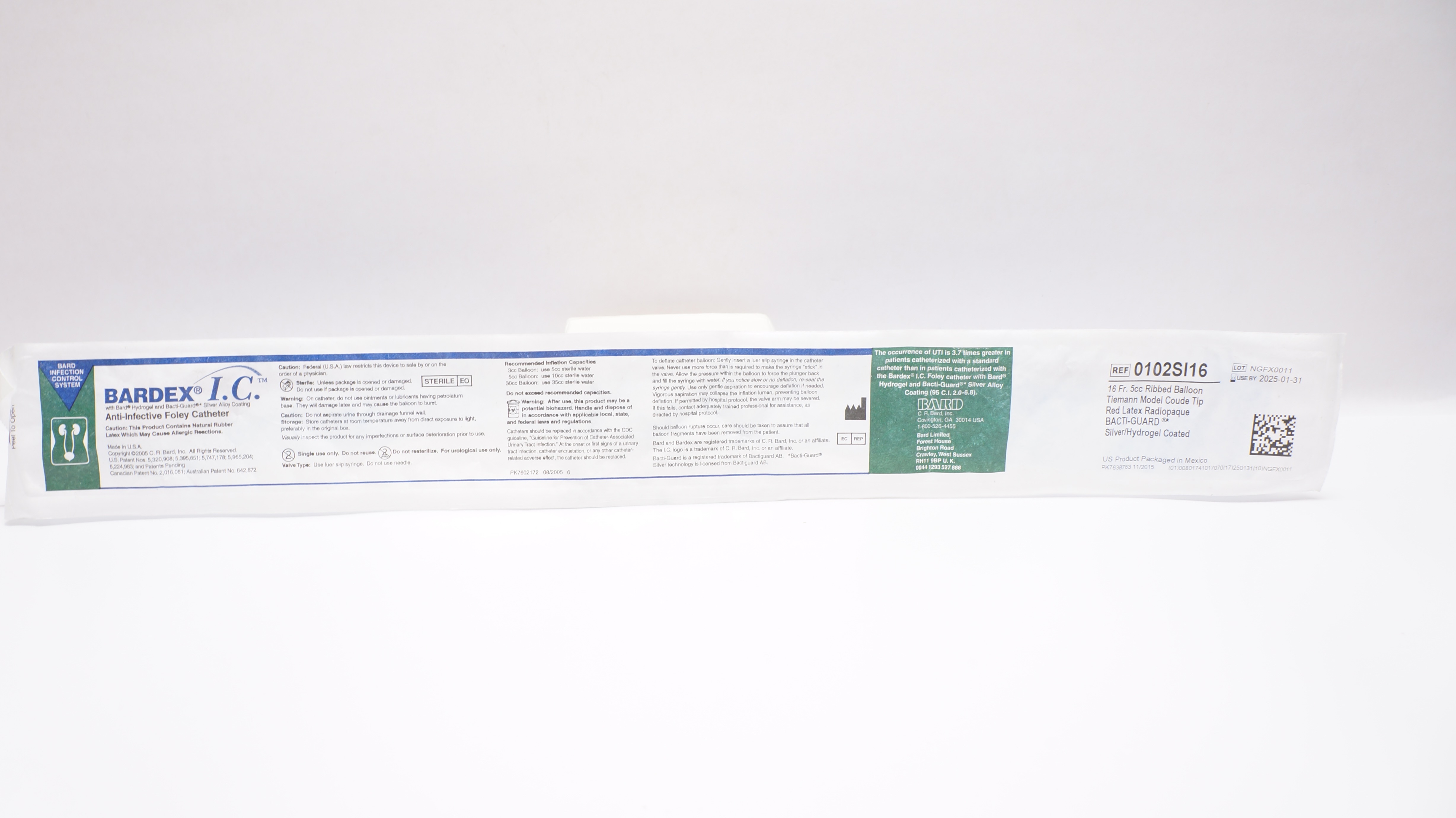 Bard 0102SI16 Bardex I.C. Anti-Infective Foley Cath. Tiemann Model 16Fr. 5cc