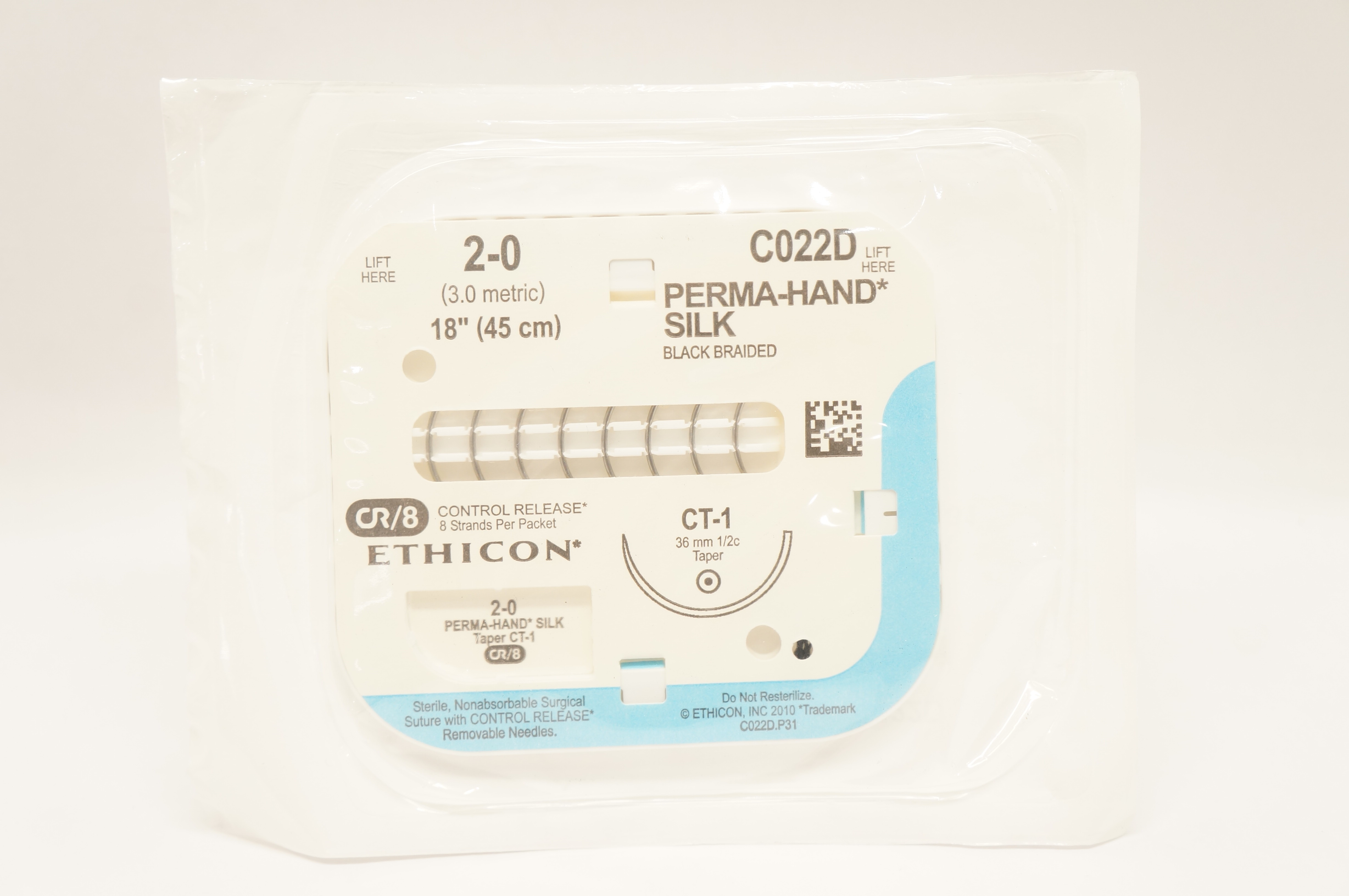 Ethicon C022D Perma-Hand Silk Black Braided 2-0 Taper CT-1, 2-0 18inch