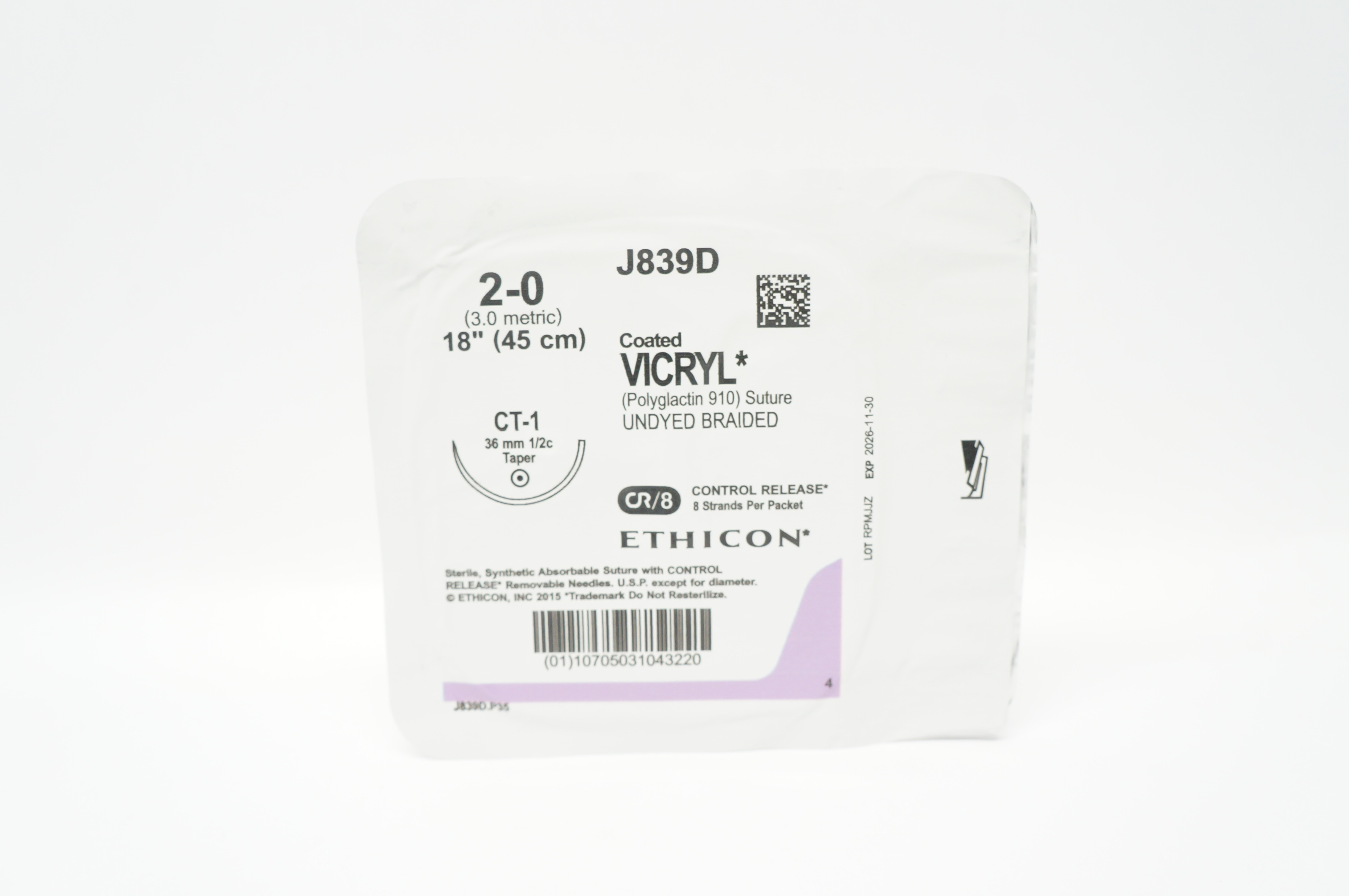 Ethicon J839D 2-0 Coated VICRYL Stre CT-1 36mm 1/2c Taper 18 inch