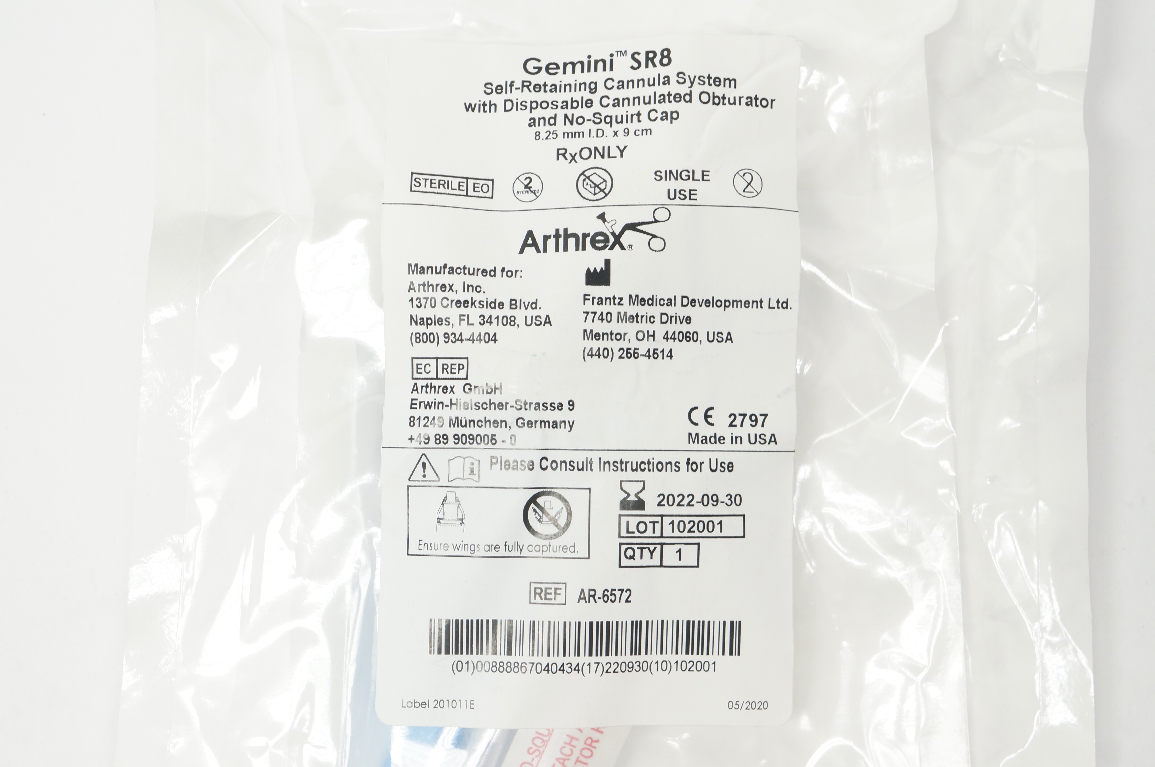 Arthrex AR-6572 Gemini SR8 Self-Retaining Cannula System 8.25mm x 9cm