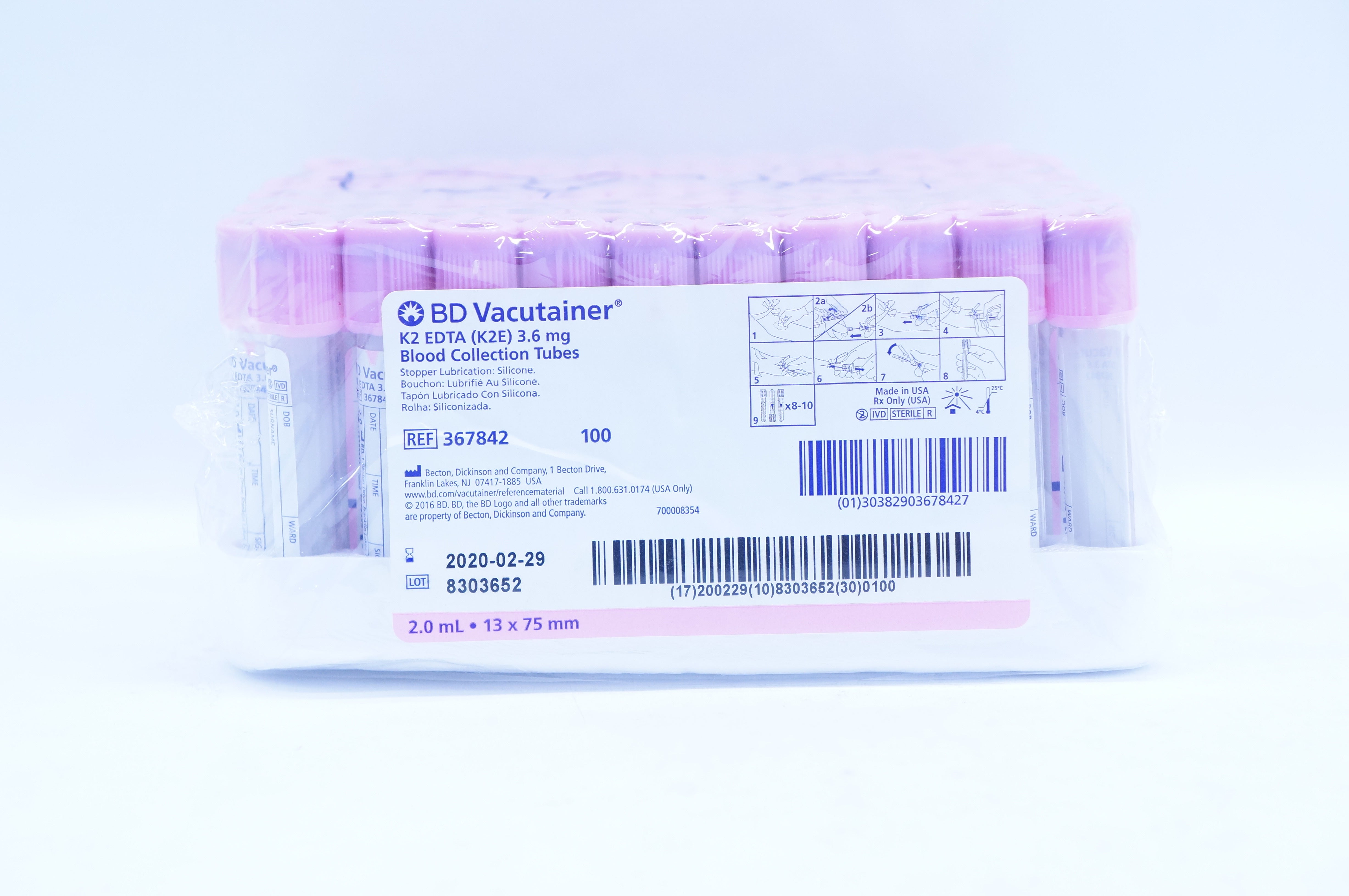BD 367842 Vacutainer K2 EDTA Blood Collection Tubes 2mL 13x75mm (x) - Box of 100