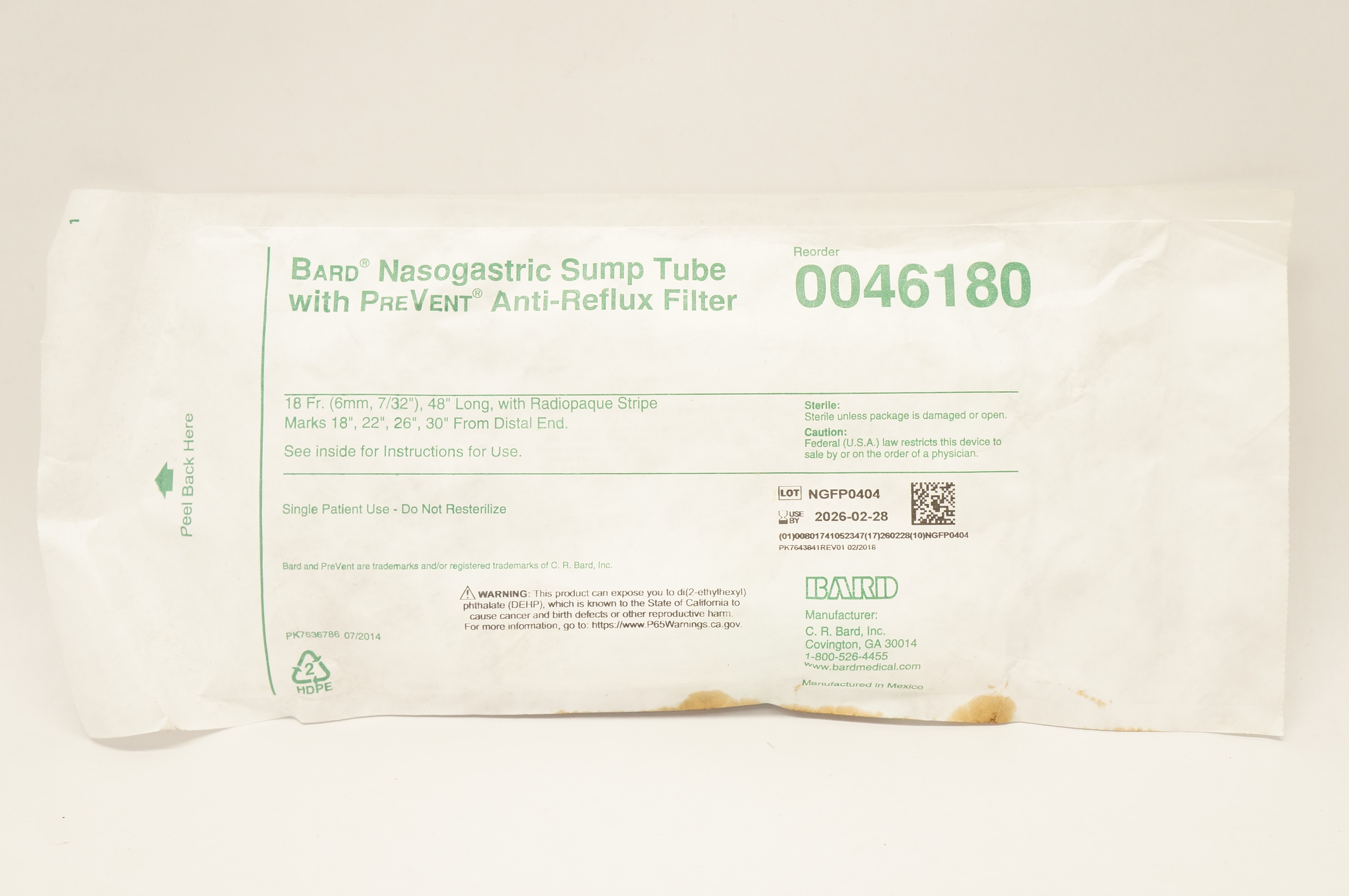 Bard 0046180 Nasogastric Sump Tube With PreVent AntiReflux Filter 18Fr