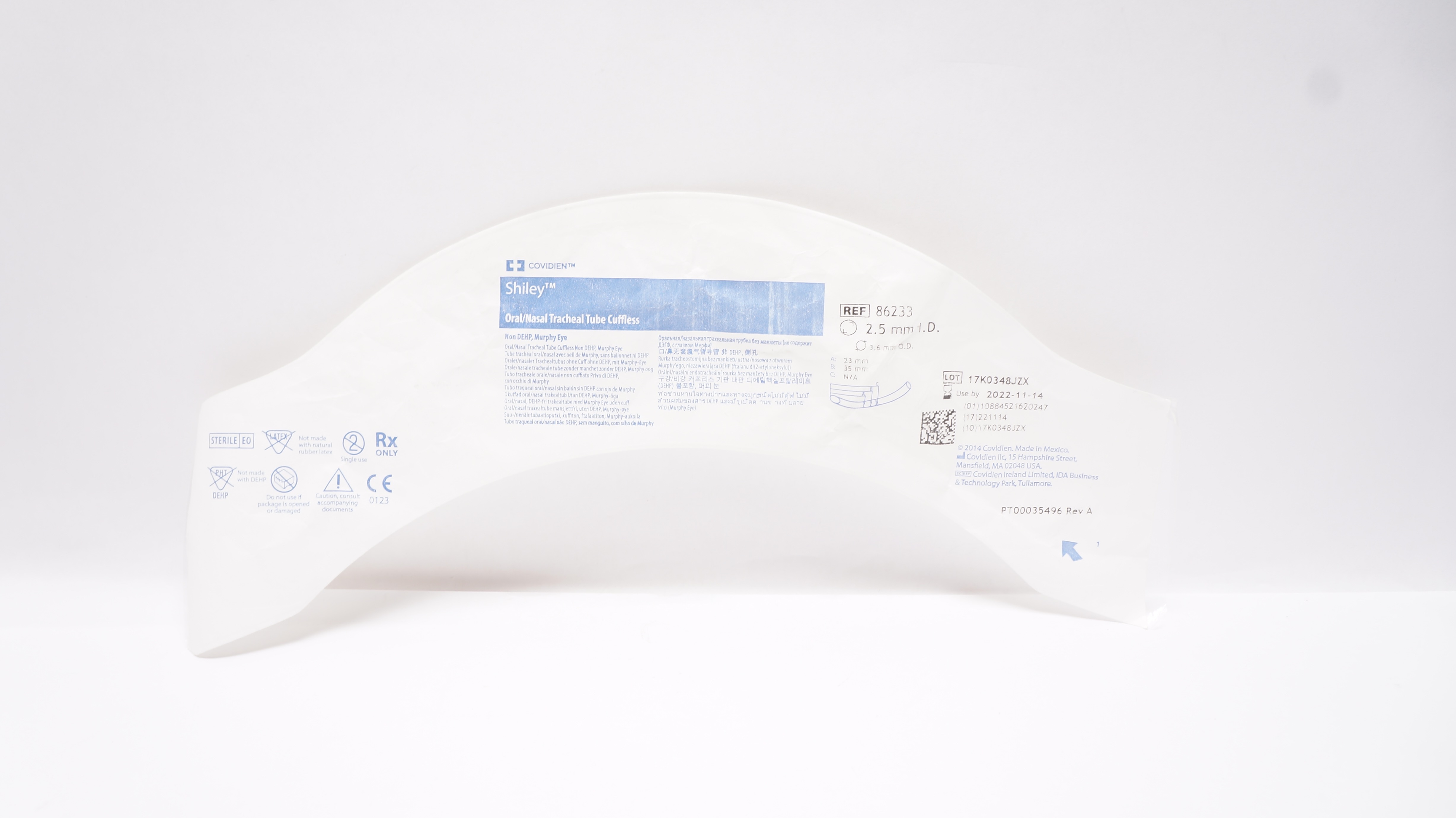 Covidien 86233 Shiley Oral/Nasal Tracheal Tube Cuffless 2.5mm ID x 3.6mm OD (x)