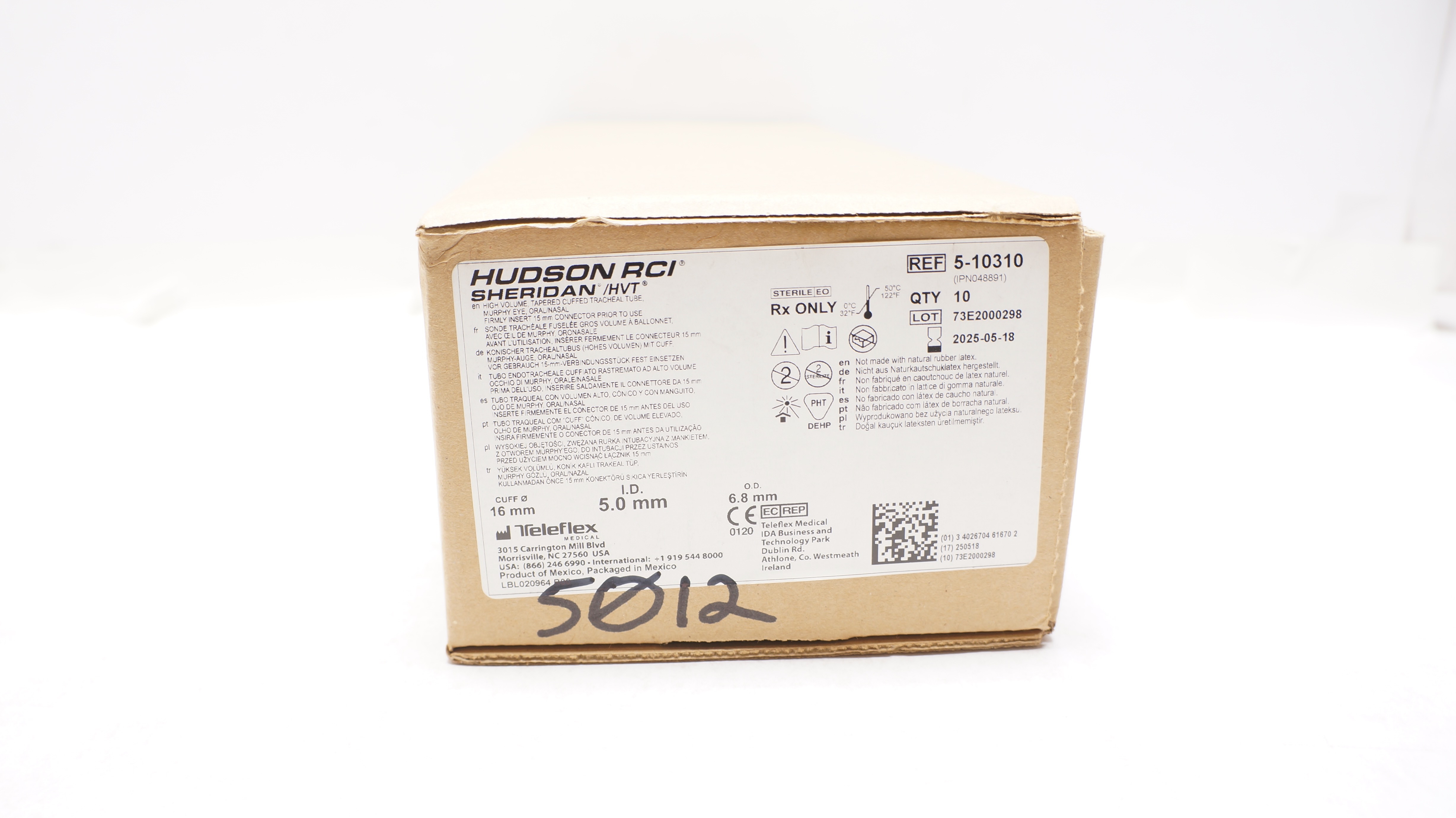Teleflex 5-10310 Hudson RCI Sheridan Cuffed Tracheal Tube 5.0mmx6.8mm -Box of 10