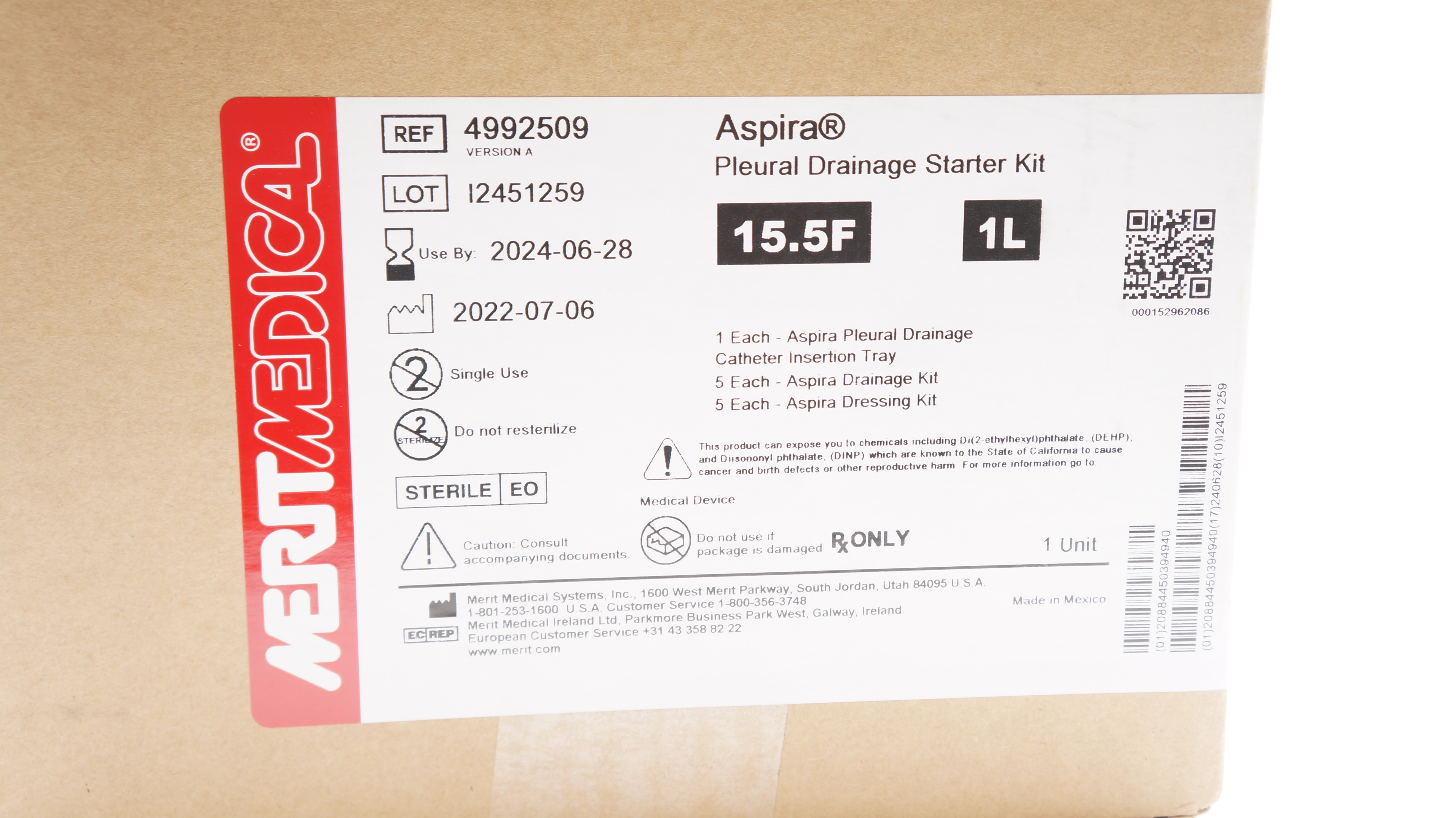 Merit Medical 4992509 Aspira Pleural Drainage Starter Kit 15.5F x 1L