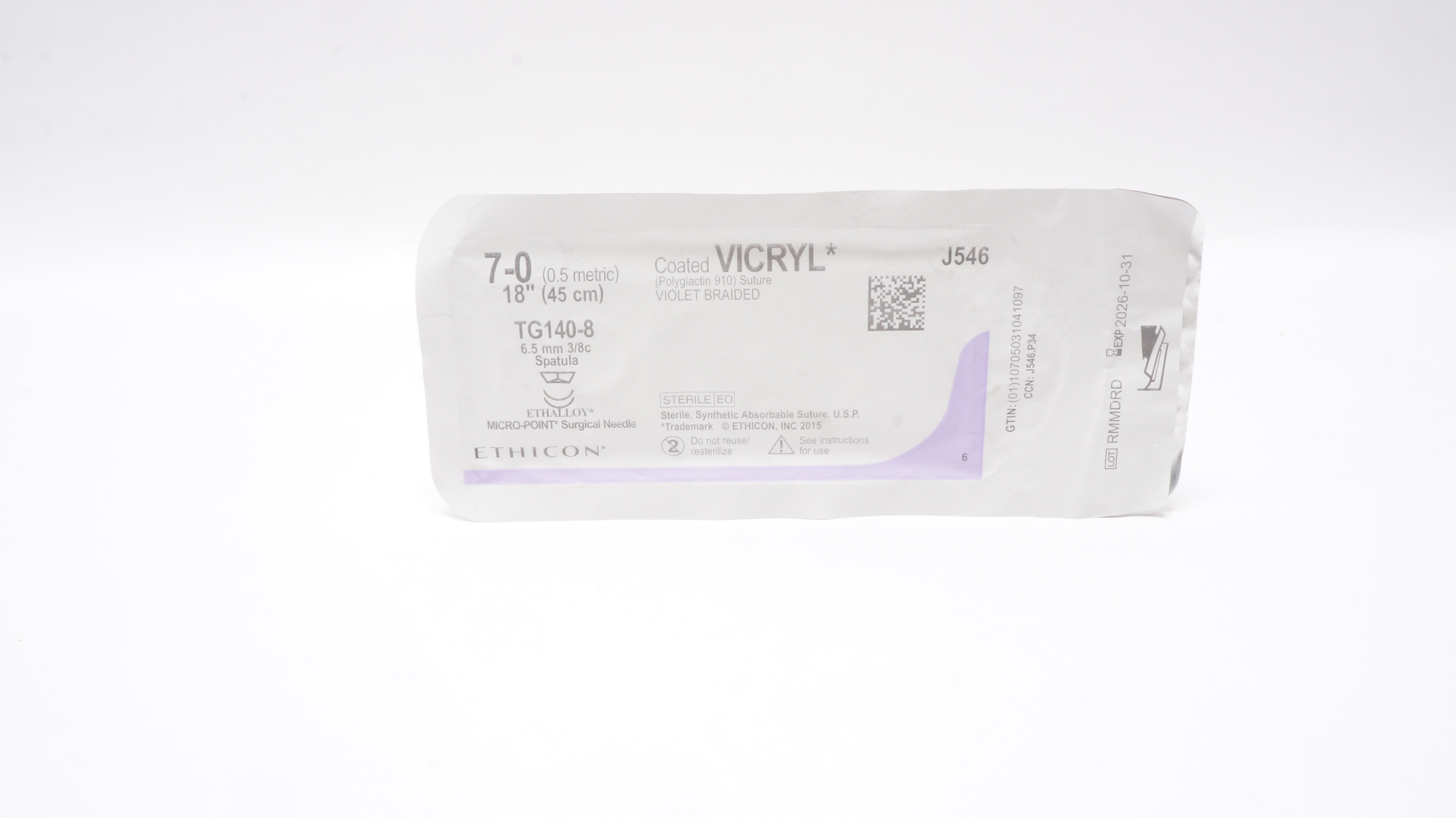 Ethicon J546 7-0 Coated Vicryl Braided Stre TG140-8 6.5mm 3/8c Spatula 18inch