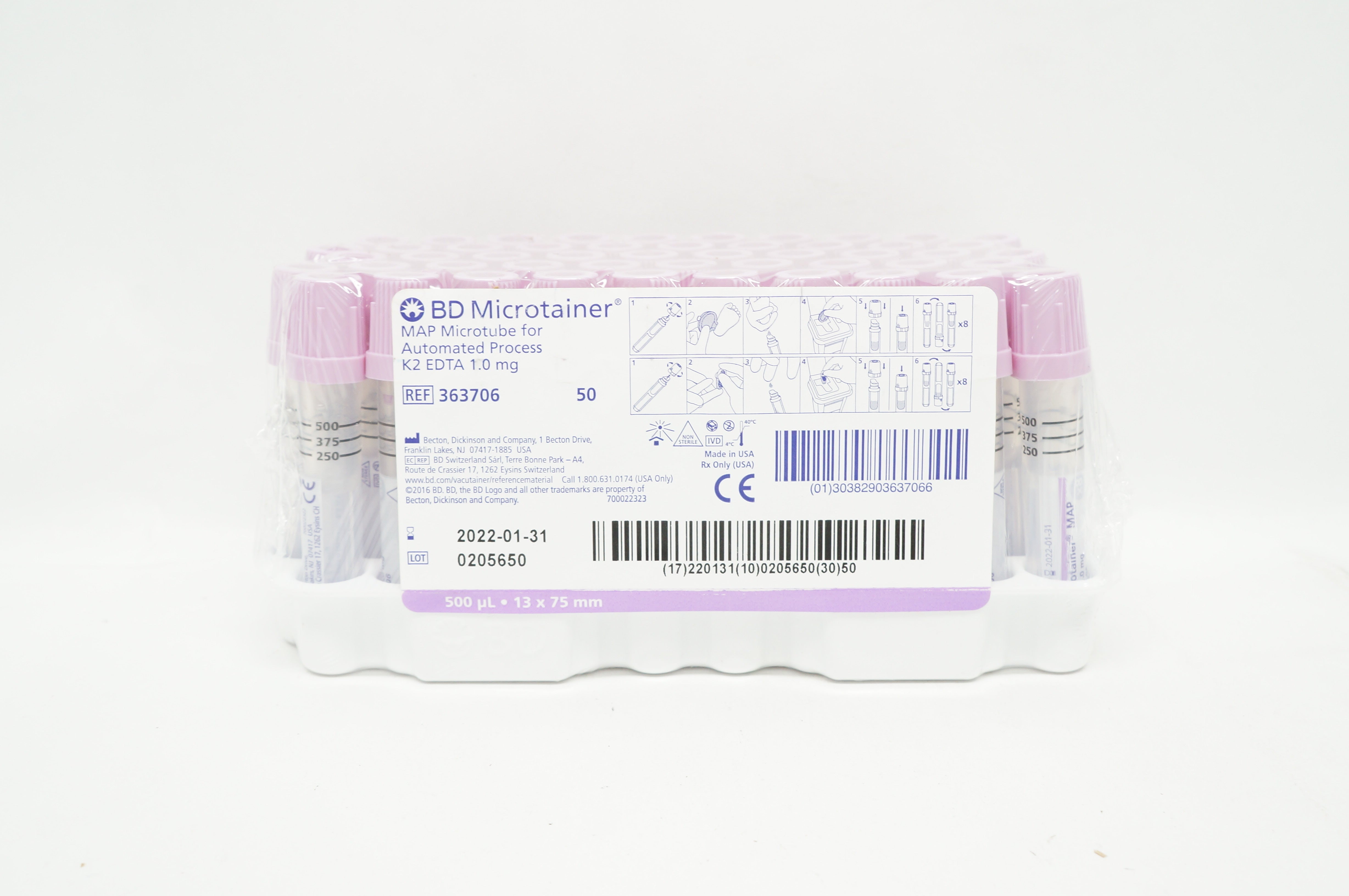 BD 363706 Microtainer MAP Microtube K2 EDTA 1.0mg - Box of 50