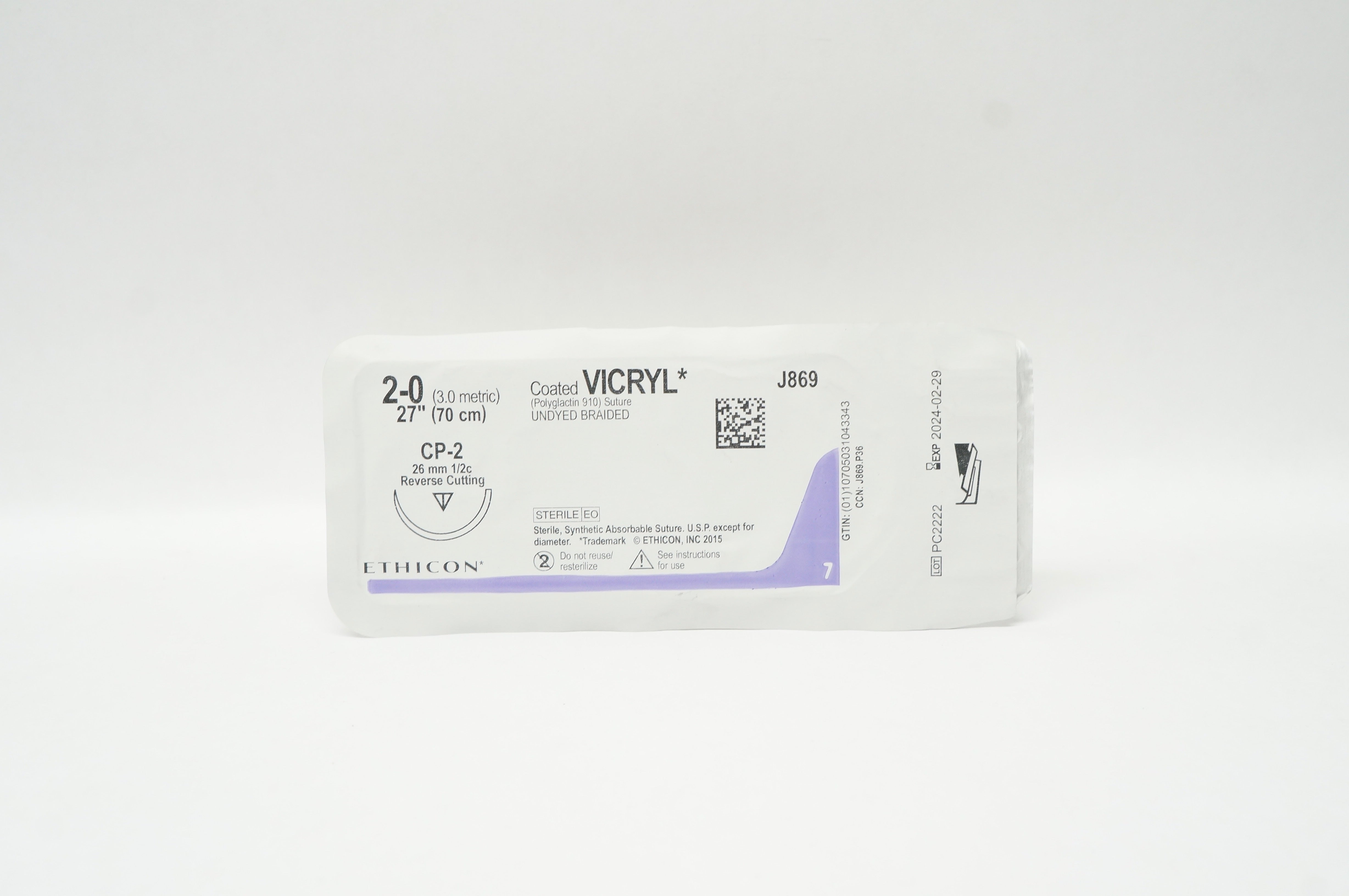 Ethicon J869 2-0 Coated VICRYL,  CP-2, 26mm 1/2c Reverse Cutting, 27inch