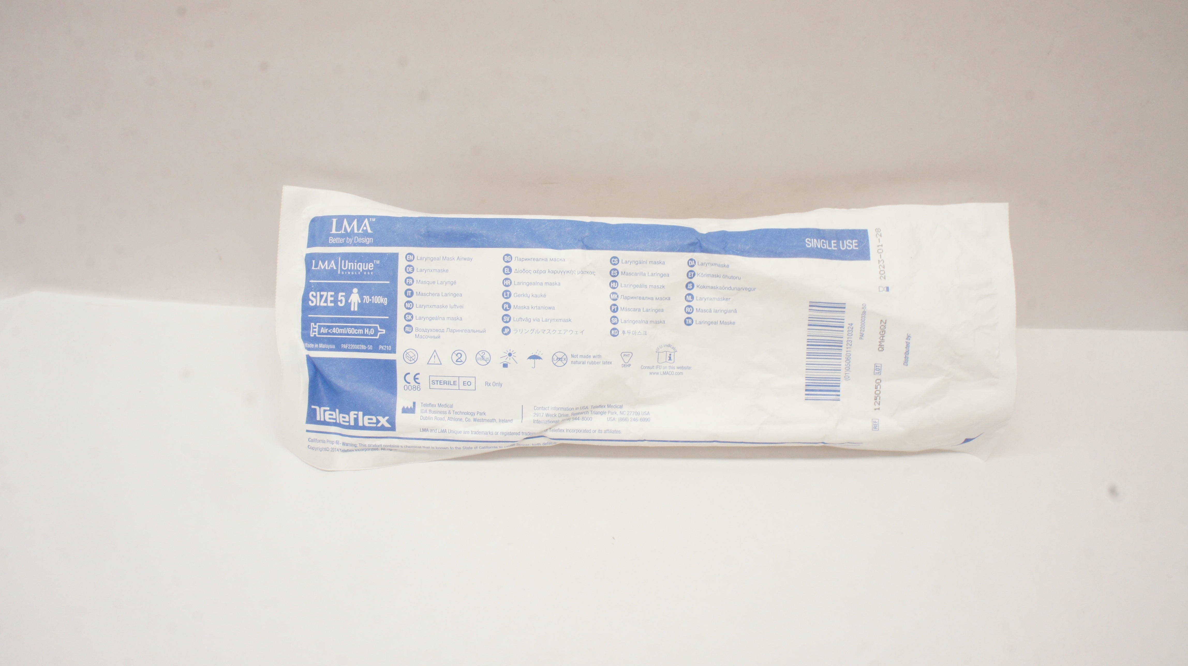 Teleflex 125050 LMA Unique Laryngeal Mask Airway Size 5 70-100kg <40ml/60cm