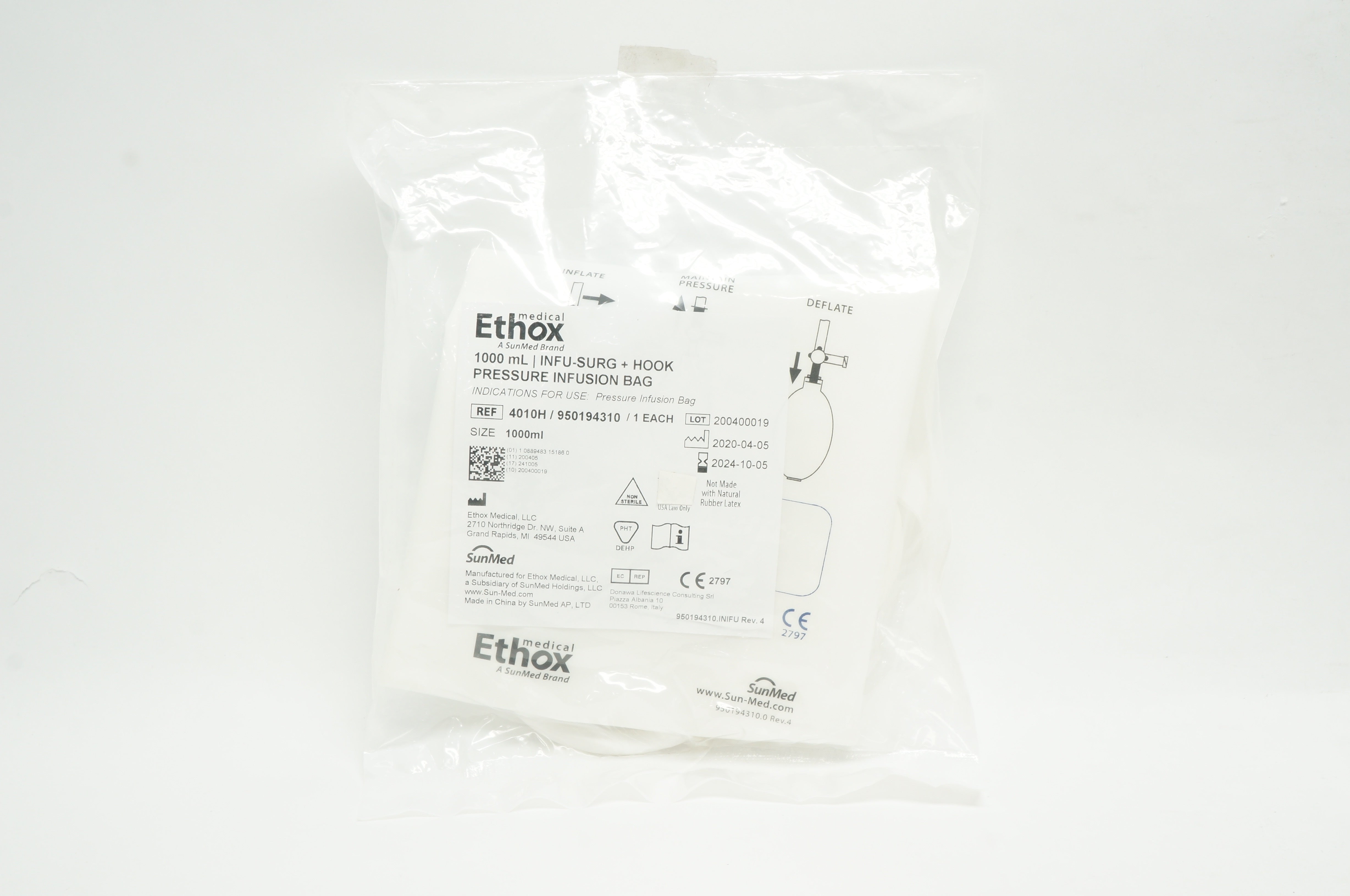 Ethox Medical 4010H SunMed 1000mL Infu-Surg + Hook Pressure Infusion Bag