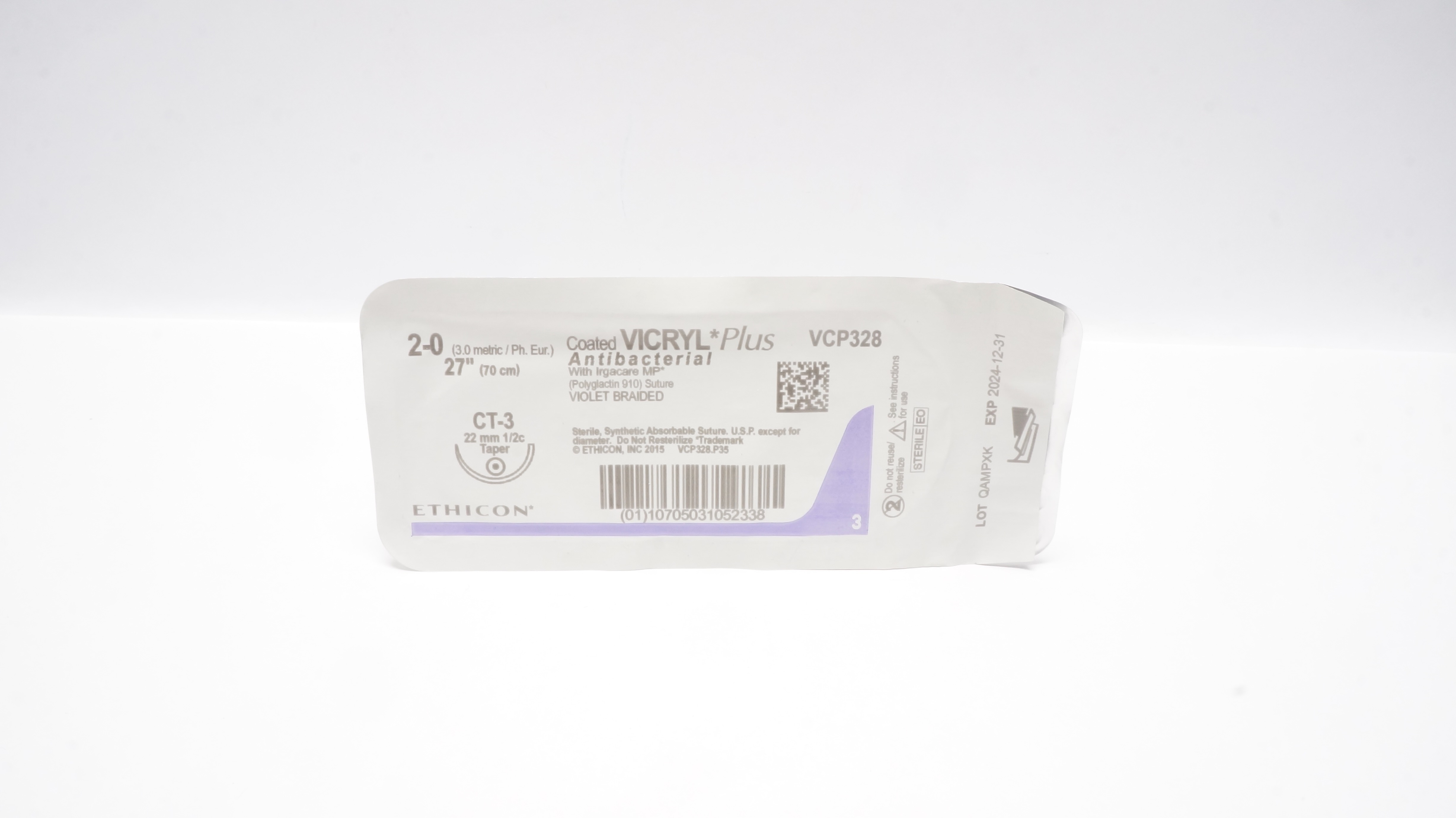 Ethicon VCP328 2-0 VICRYL Plus Polyglactin Stre CT-3 22mm 1/2c Taper 27 inch
