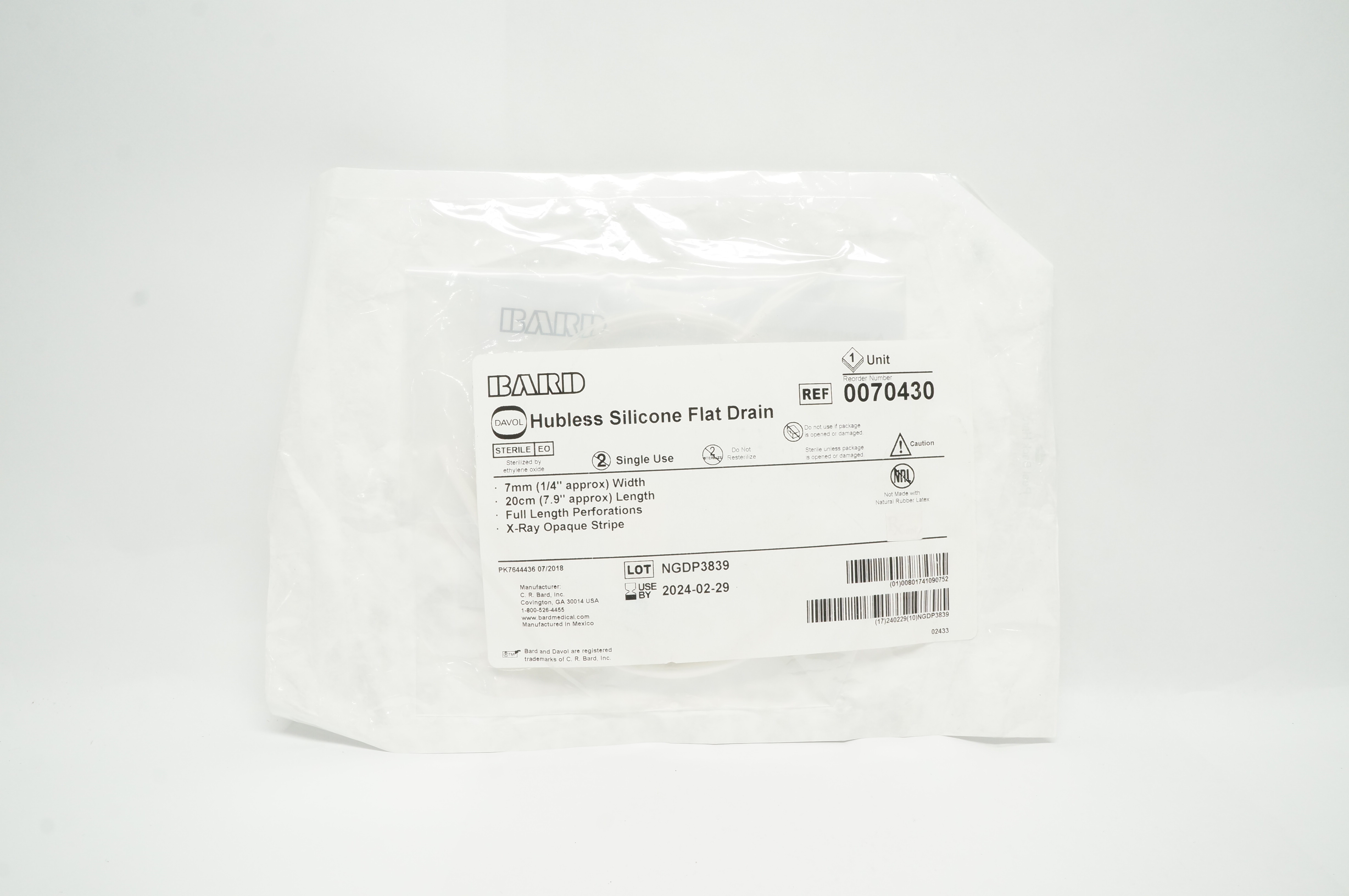 Bard 0070430 Hubless Silicone Flat Drain 1/4 inch x 7.9 inch Approx.
