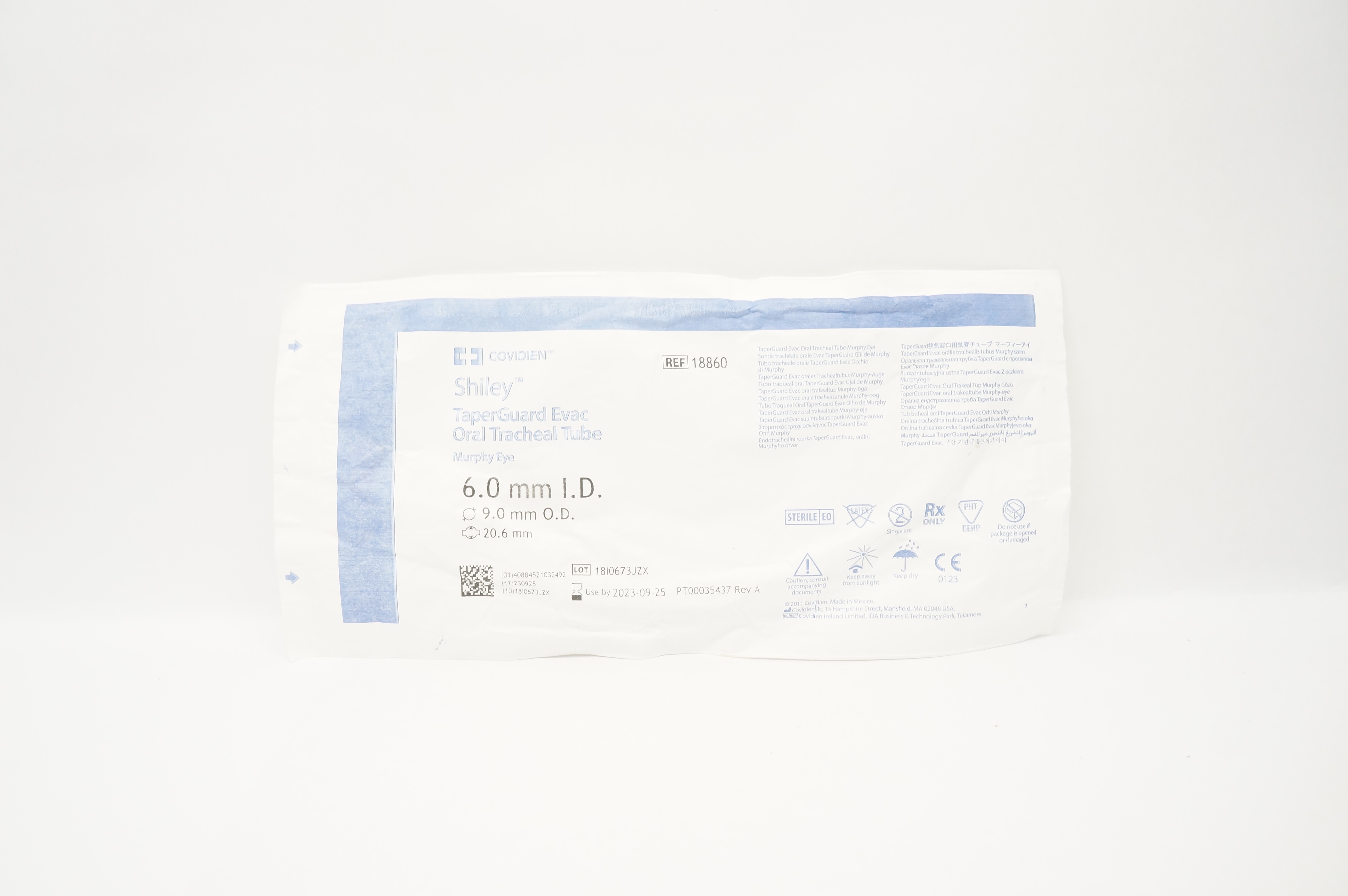 Covidien 18860 Shiley Oral Tracheal Tube Murphy Eye 6.0 x 9.0 x 20.6mm