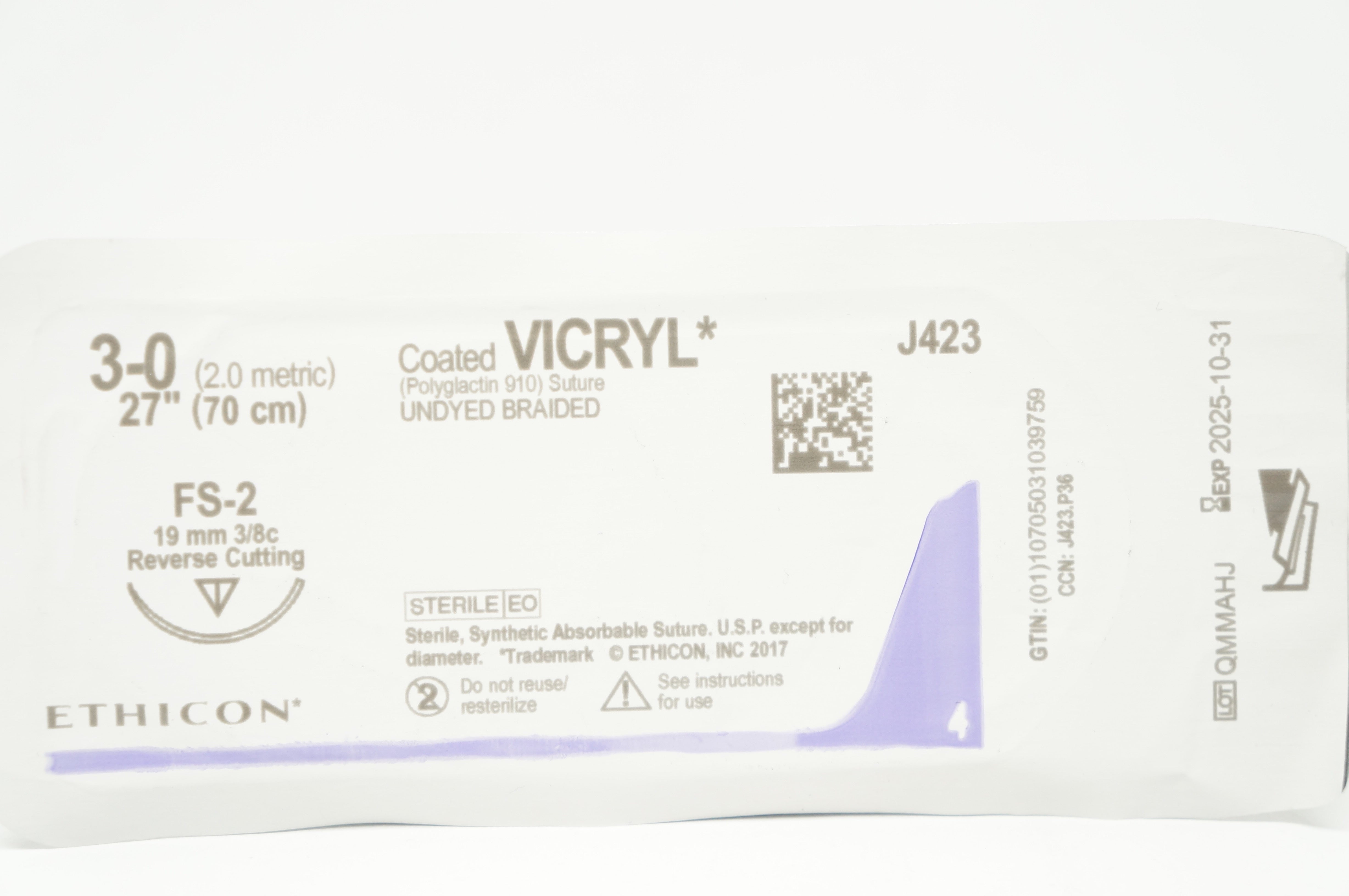 Ethicon J423 3-0 VICRYL Polyglactin 910 Stre FS-2 19mm 3/8c Reverse Cutting 27in
